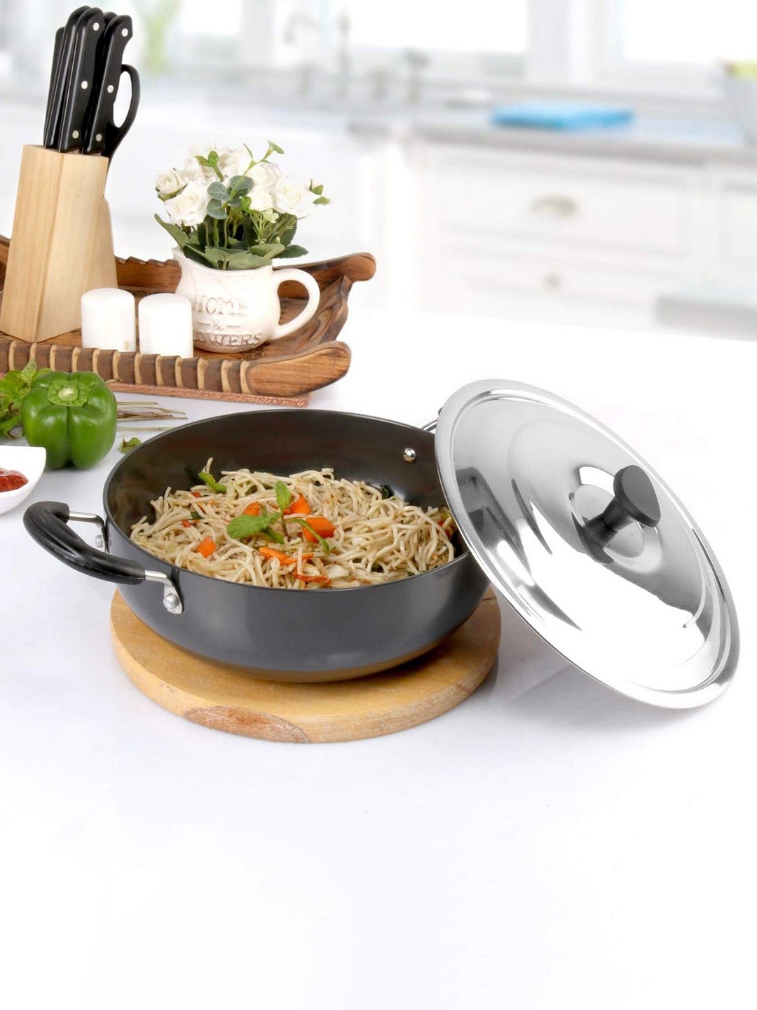 

RBGIIT Black Carbon Steel Dishwasher & Microwave Safe Kadhai With Lid