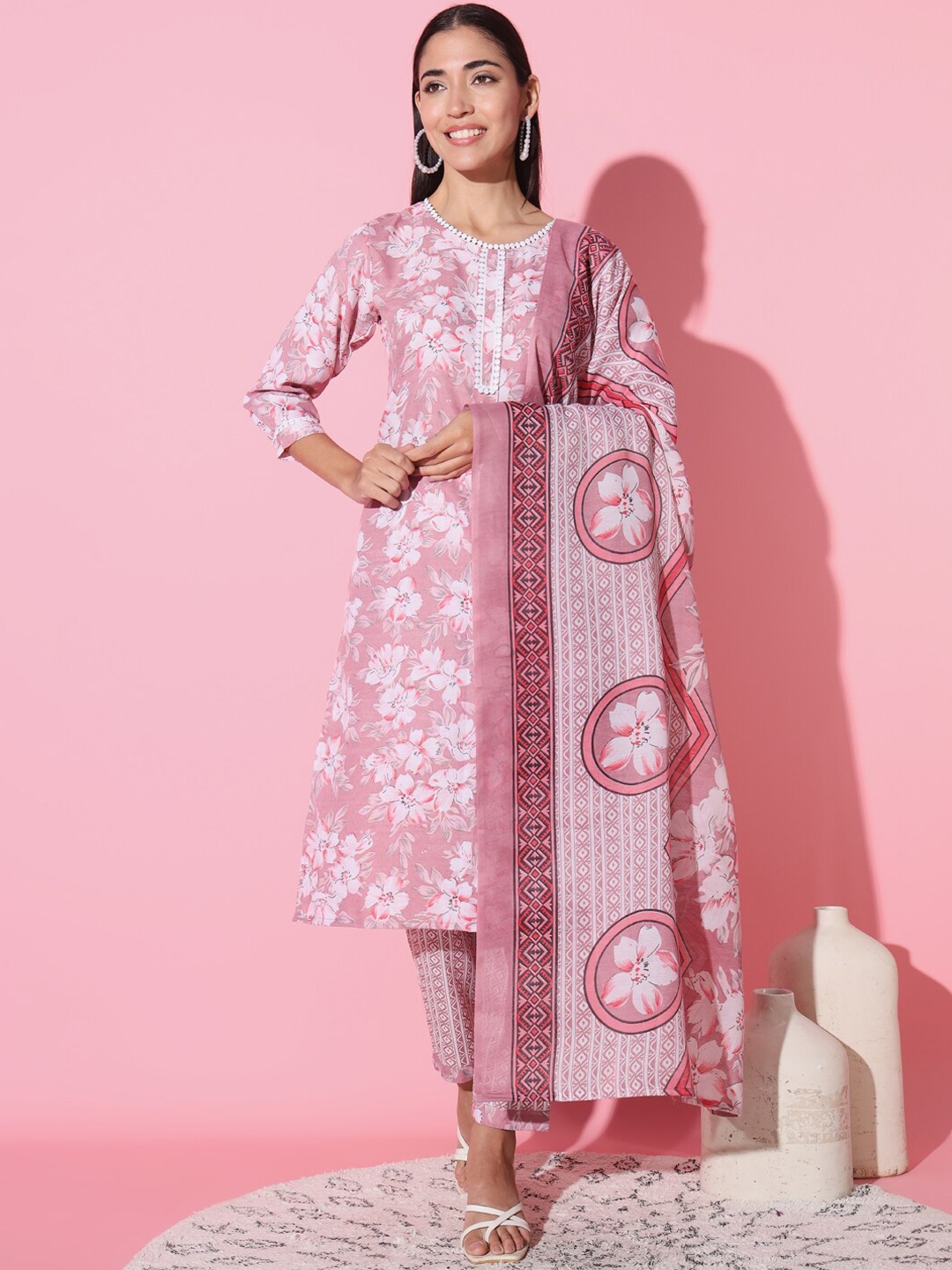 

THE52 Floral Printed Regular Thread Work Kurta With Trousers & Dupatta, Pink