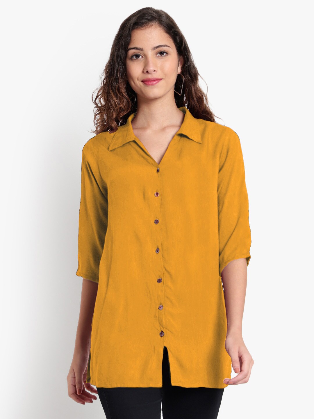 

Indietoga Spread Collar Classic Longline Casual Shirt, Mustard