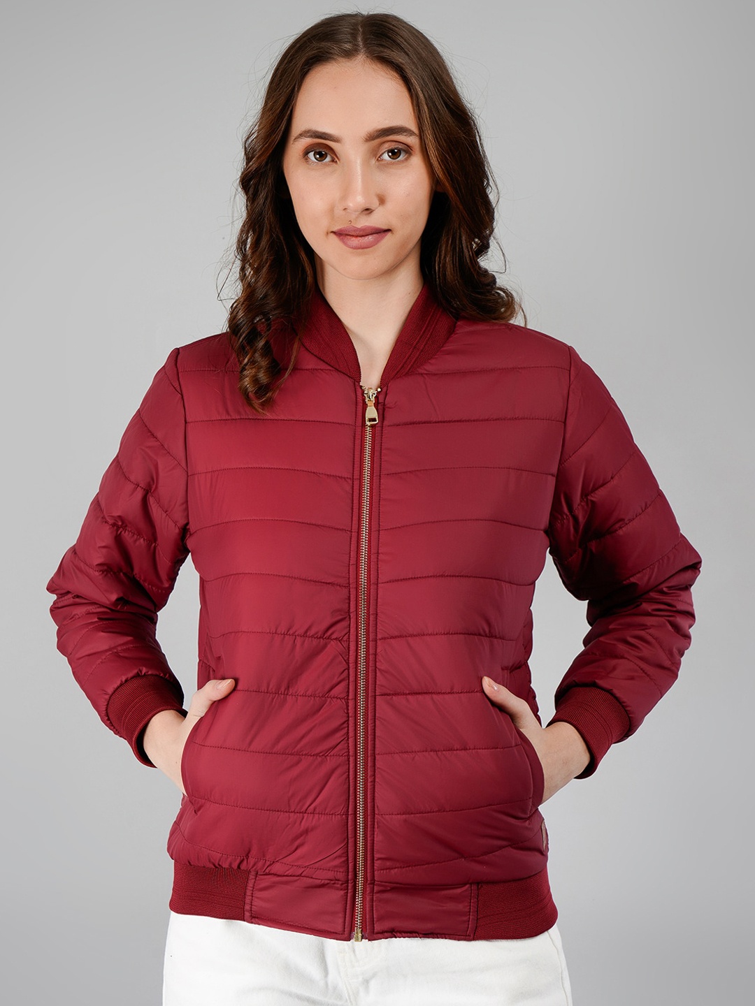 

BESIMPLE Mandarin Collar Lightweight Padded Jacket, Burgundy