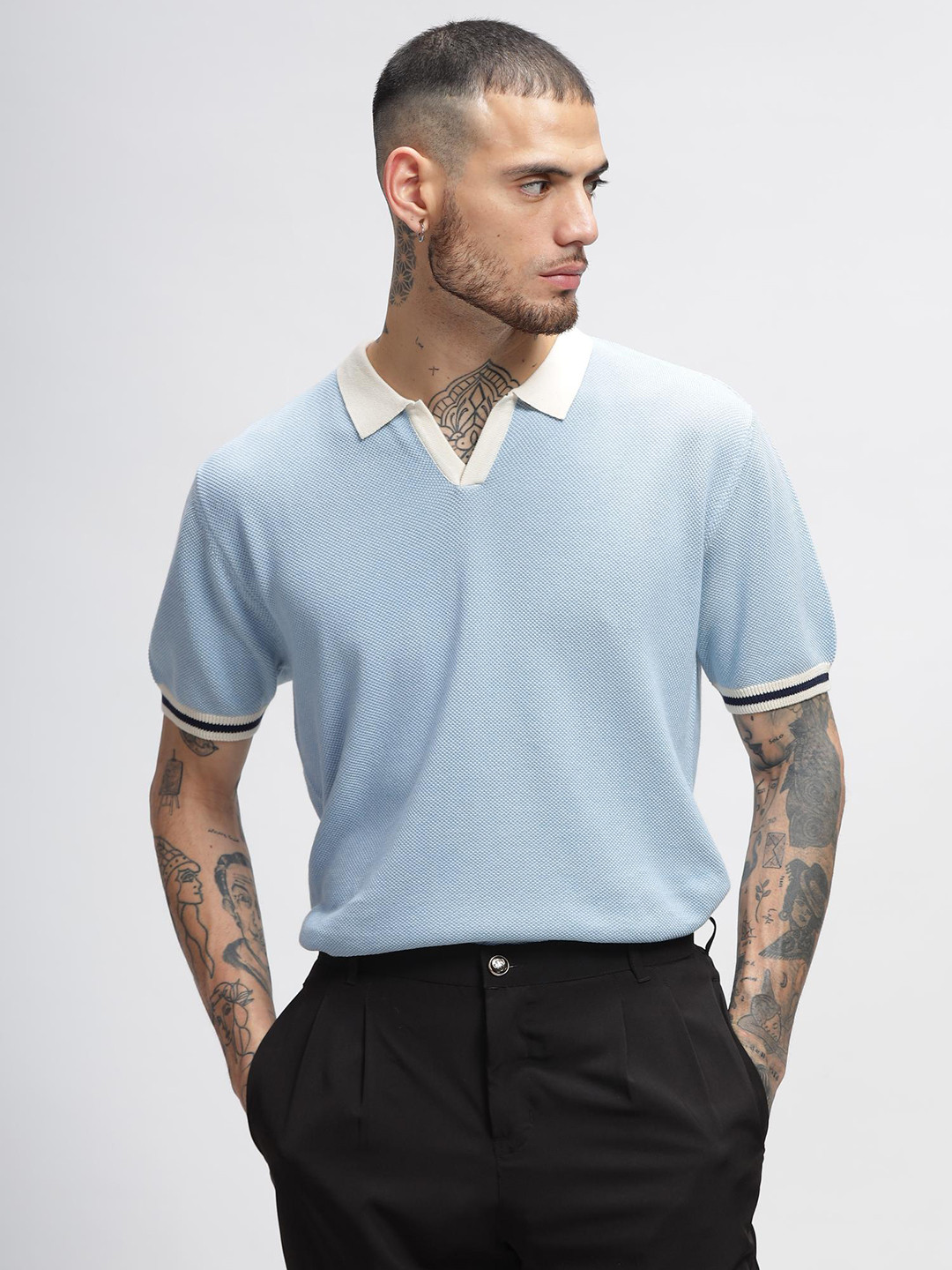 

HAMPTONS Flat Knit Polo Collar Tshirt, Blue