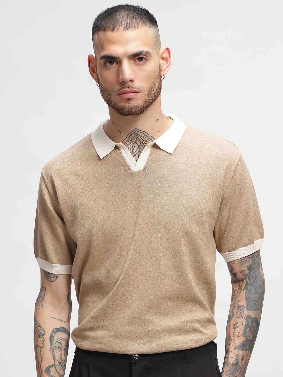 

HAMPTONS Flat Knit Polo Collar Tshirt, Beige