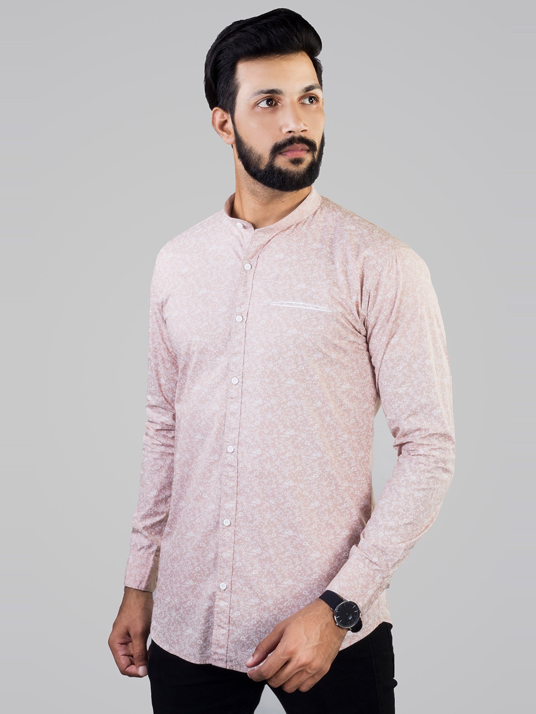 

INDIAN THREADS India Slim Fit Micro Ditsy Printed Band Collar Cotton Casual Shirt, Peach