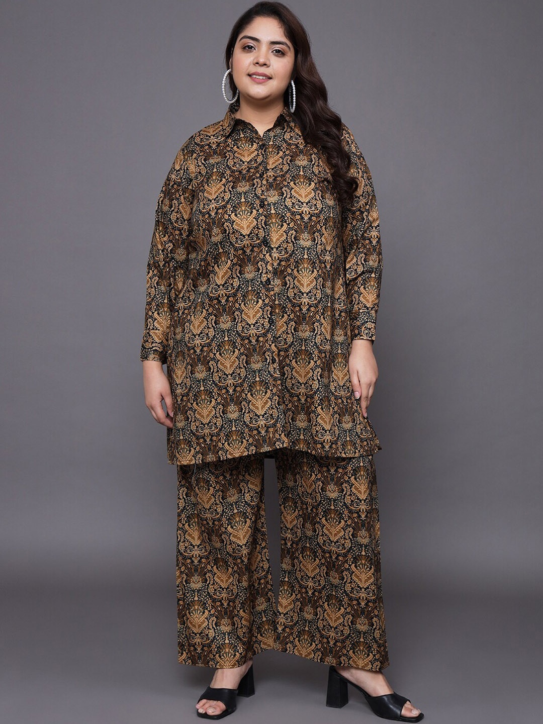 

Tissu Plus Size Foral Printed Regular Pure Cotton Kurta With Palazzos, Brown