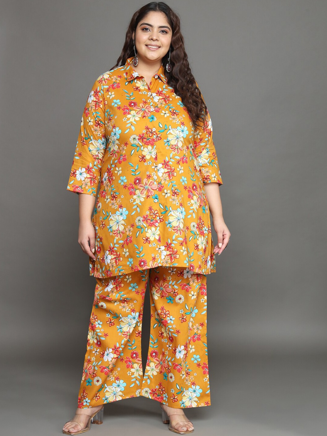 

Tissu Plus Size Floral Printed Shirt Collar Ethnic Pure Cotton Top with Palazzos, Yellow