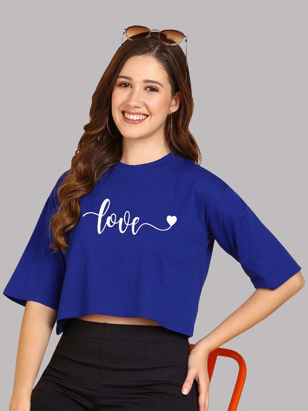 

Adyavastram Typography Printed Round Neck Short Sleeves Crop Cotton Regular T-shirt, Blue