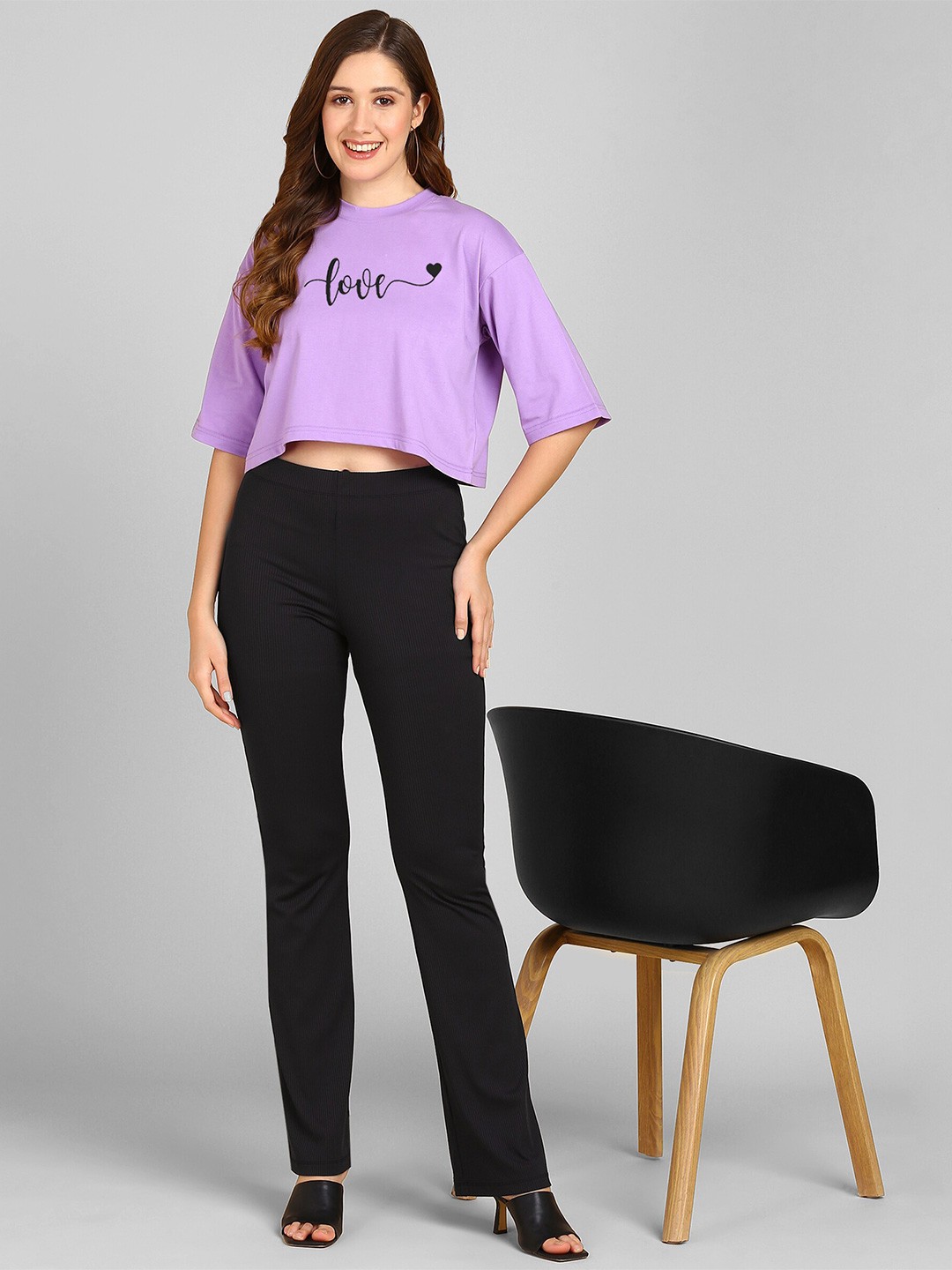 

Adyavastram Typography Printed Round Neck Short Sleeves Crop Cotton Regular T-shirt, Purple