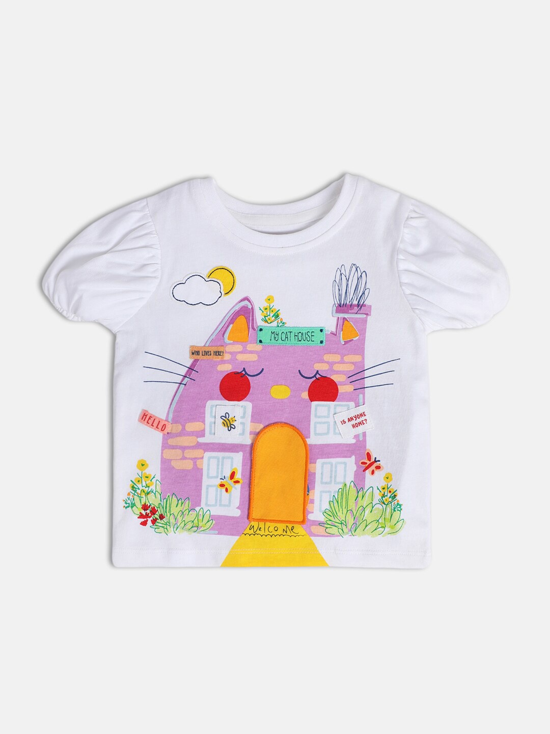 

MINI KLUB Girls Printed Puff Sleeve Cotton Top, White