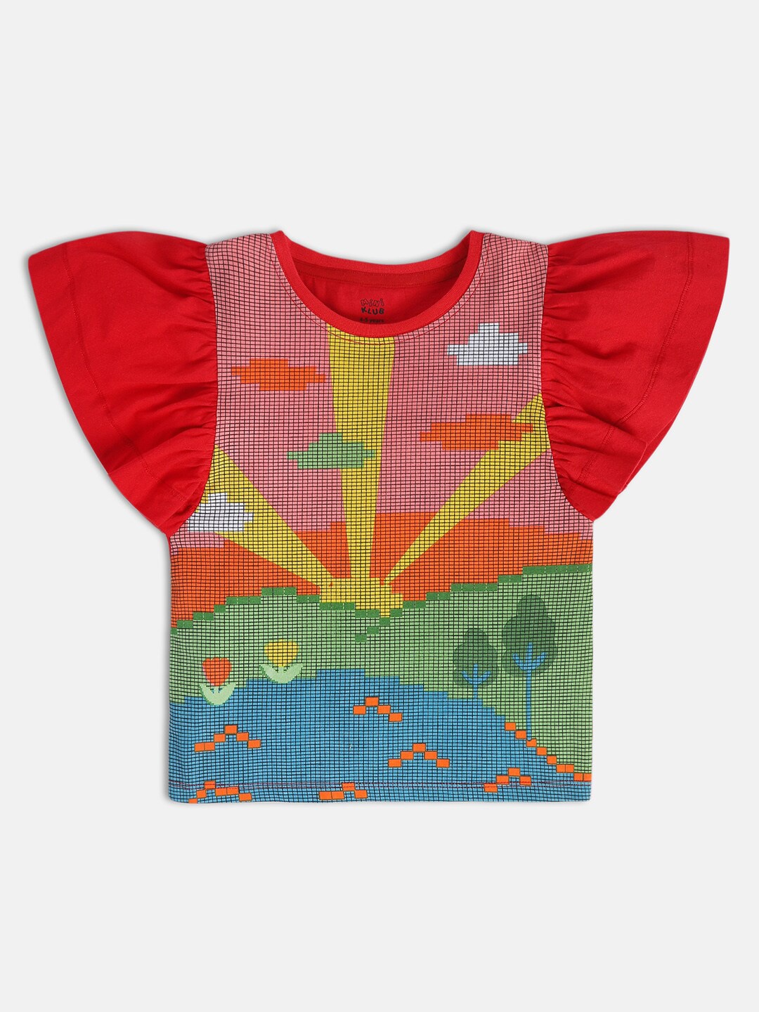 

MINI KLUB Girls Printed Round Neck Cotton Top, Red