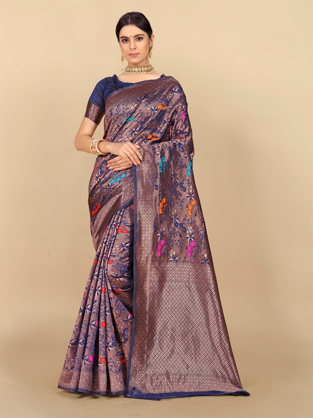 

Rangita Ethnic Motifs Zari Silk Kanjeevaram Saree, Navy blue