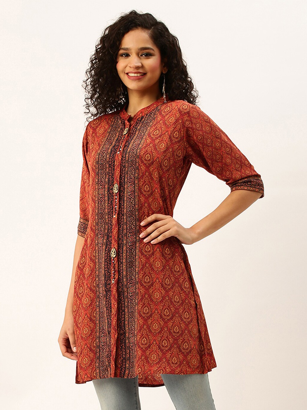 

ZOLA Mandarin Collar Printed Ethnic Tunic, Rust