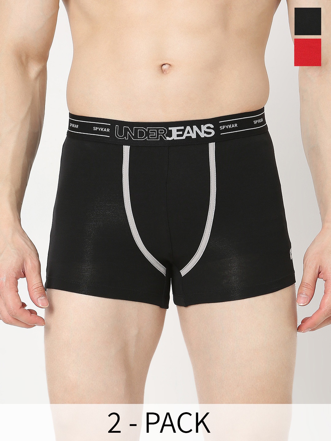 

UnderJeans by Spykar Pack of 2 Outer-Elastic Short Trunks UJNTPTC018BLACKRED, Black