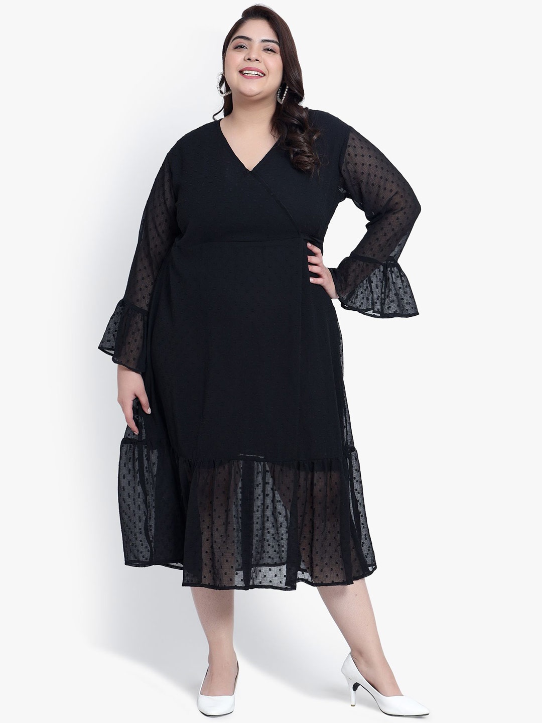 

Indietoga Plus Size Self Design V-Neck Bell Sleeve Dobby Georgette Wrap Dress, Black