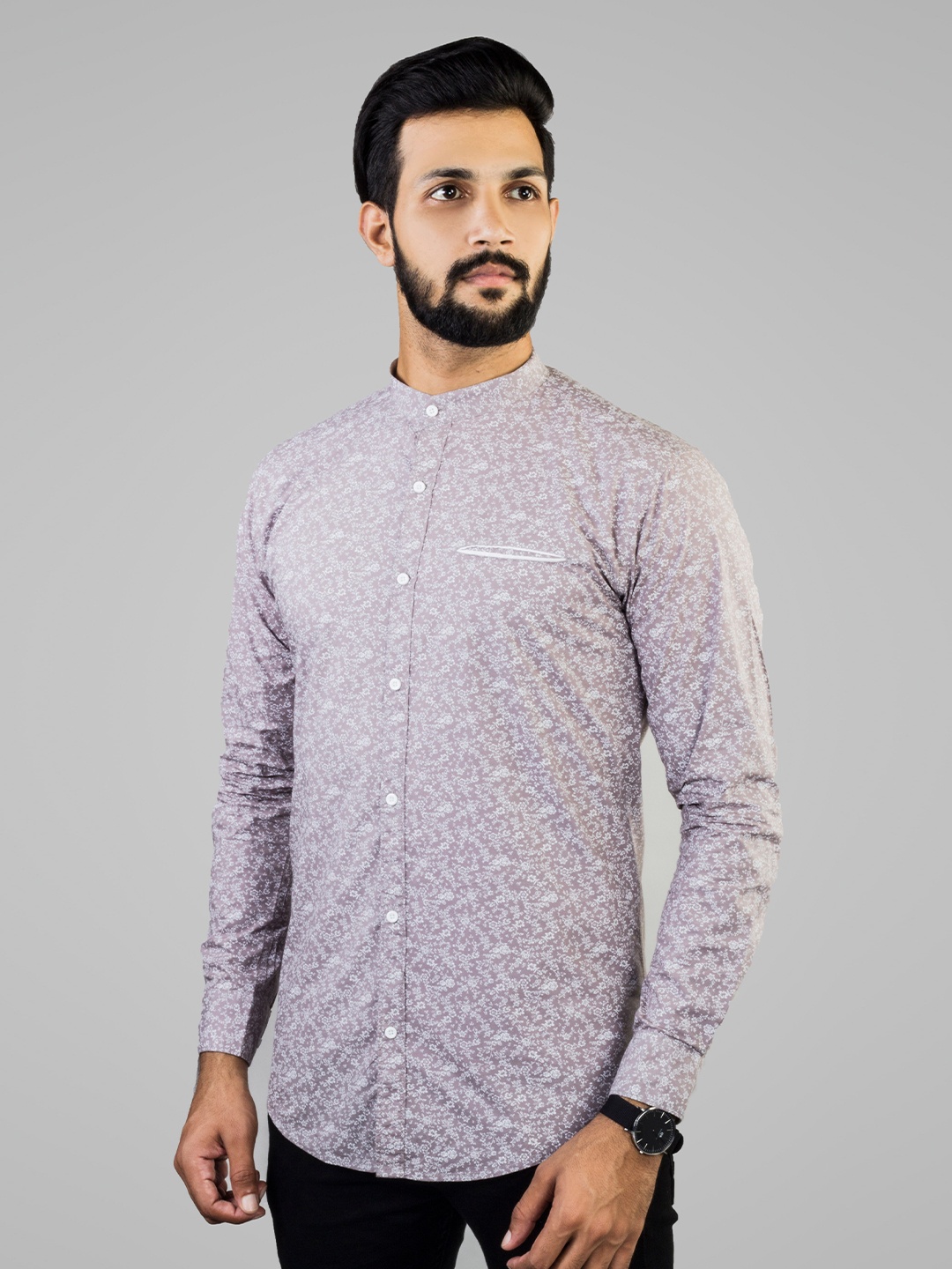 

INDIAN THREADS Slim Fit Floral Printed Band Collar Cotton Casual Shirt, Grey