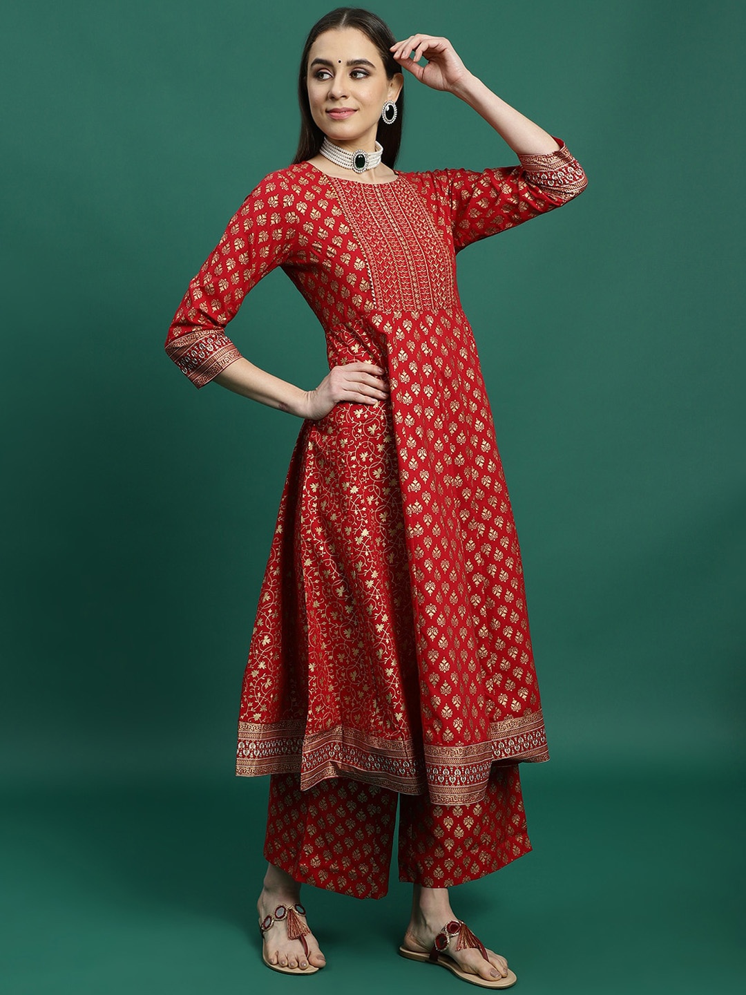 

Sangria Ethnic Motifs Printed Thread Work Cotton Anarkali Kurta, Maroon
