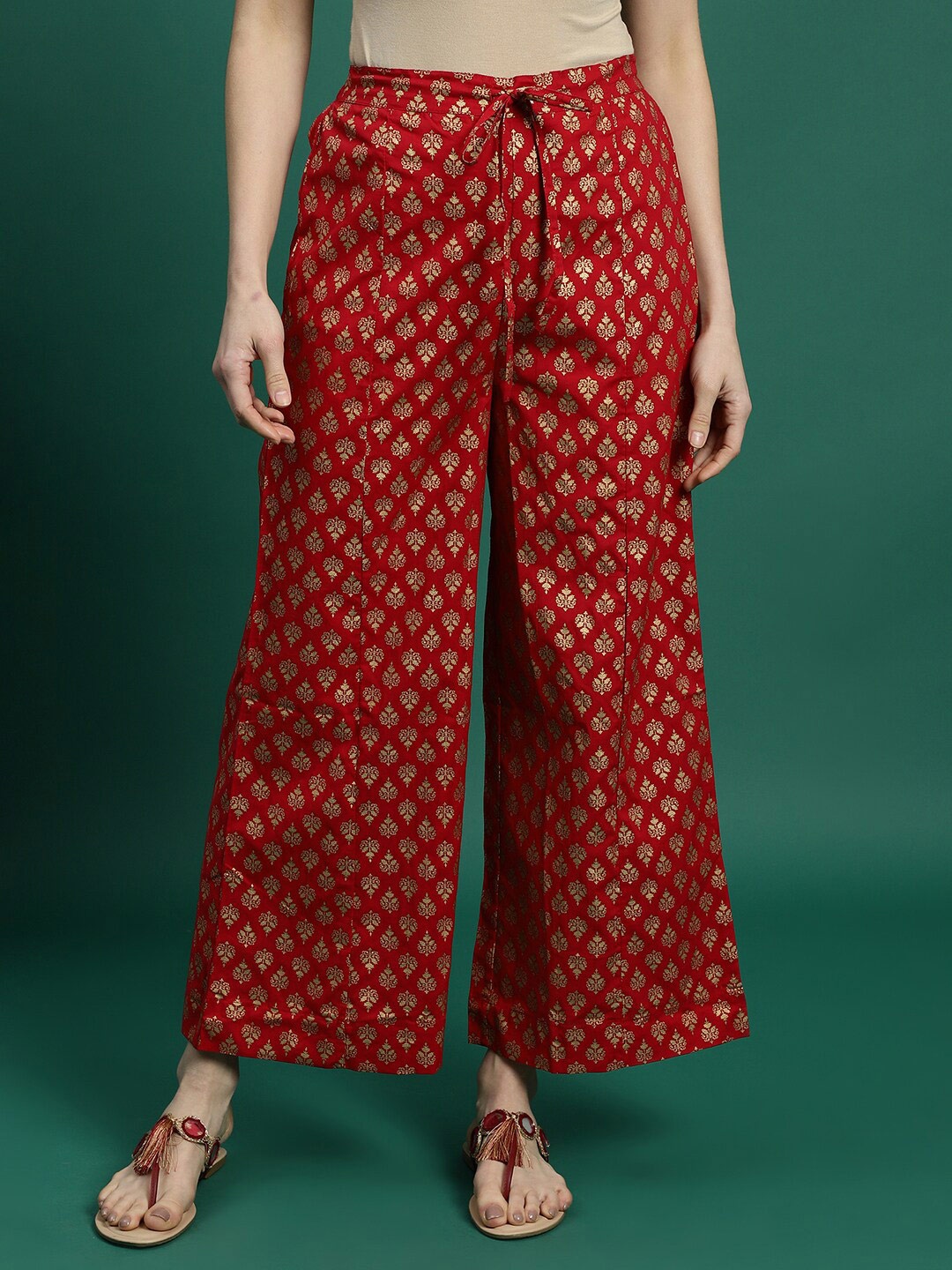 

Sangria Ethnic Motifs Printed Flared-Fit Palazzo, Maroon