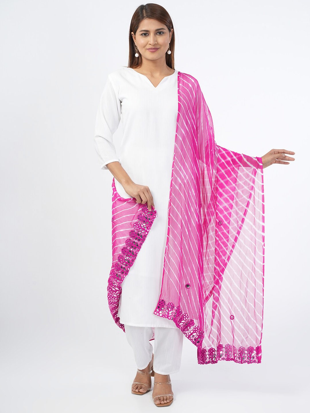 

HELLA FASHIONS Leheriya Printed Mirror Work Chiffon Dupatta, Fuchsia