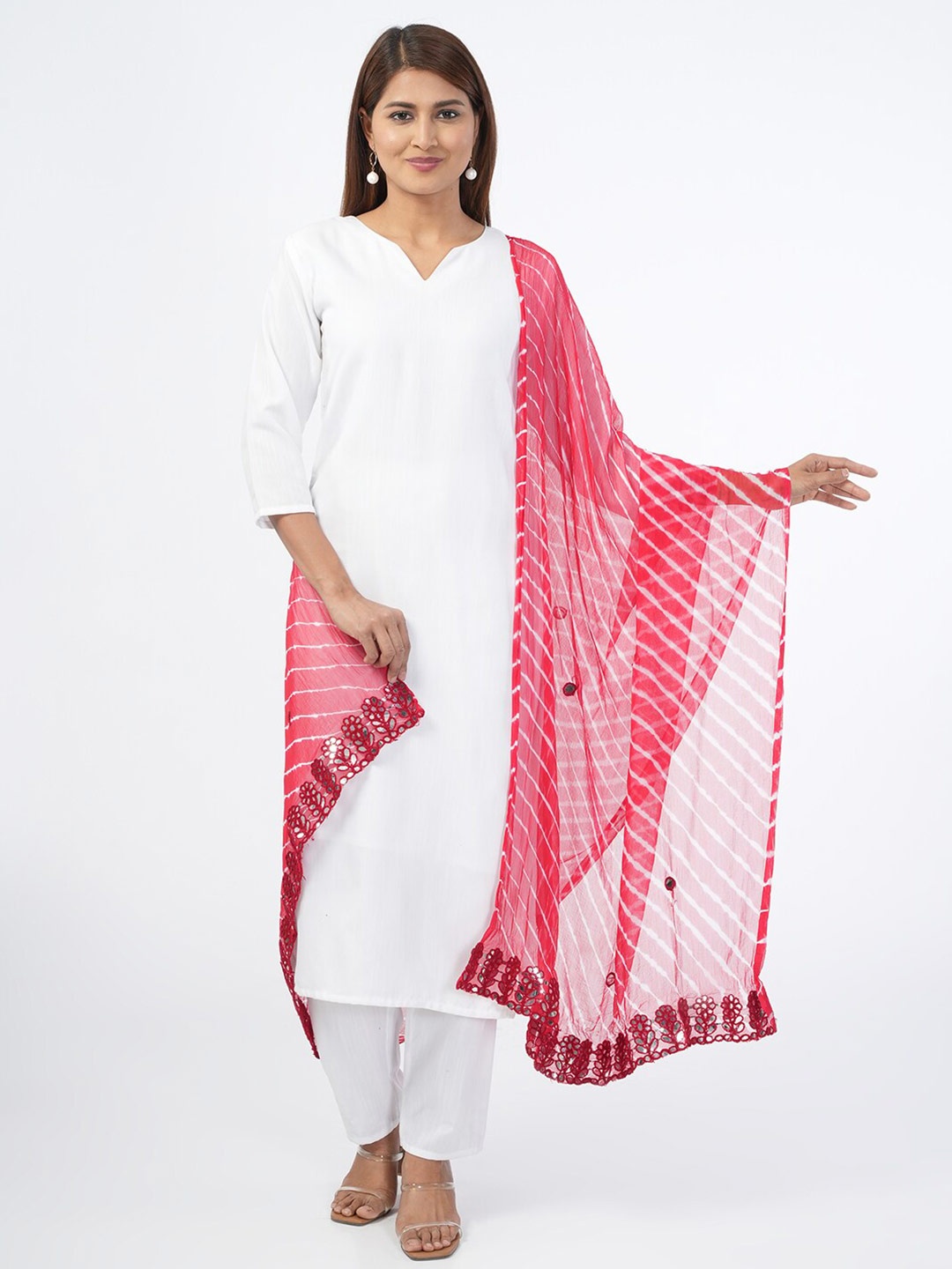 

HELLA FASHIONS Leheriya Printed Mirror Work Chiffon Dupatta, Red