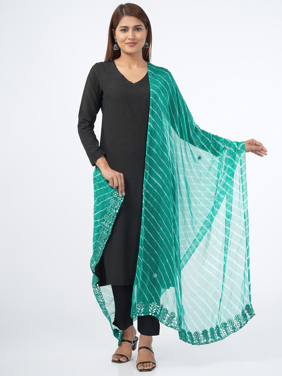 

HELLA FASHIONS Leheriya Printed Mirror Work Chiffon Dupatta, Green