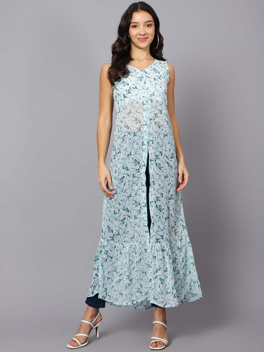 

VESICLE Floral Printed Front High Slit Georgette Kurta, Green