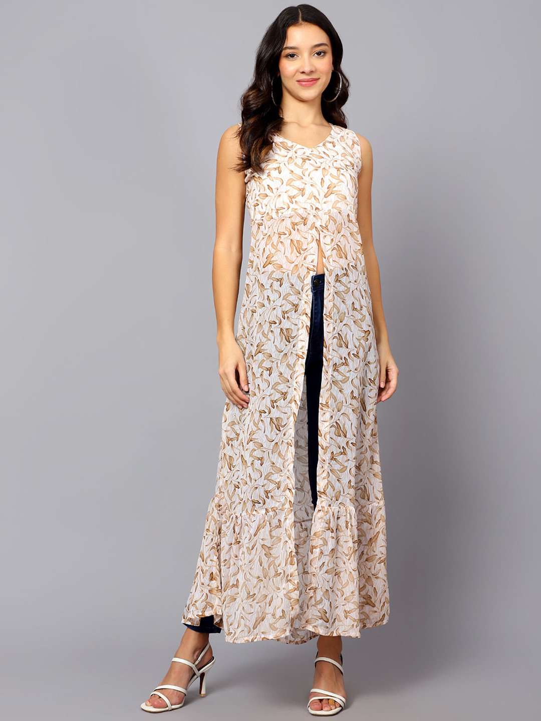 

VESICLE Floral Printed Front High Slit Georgette Kurta, Brown