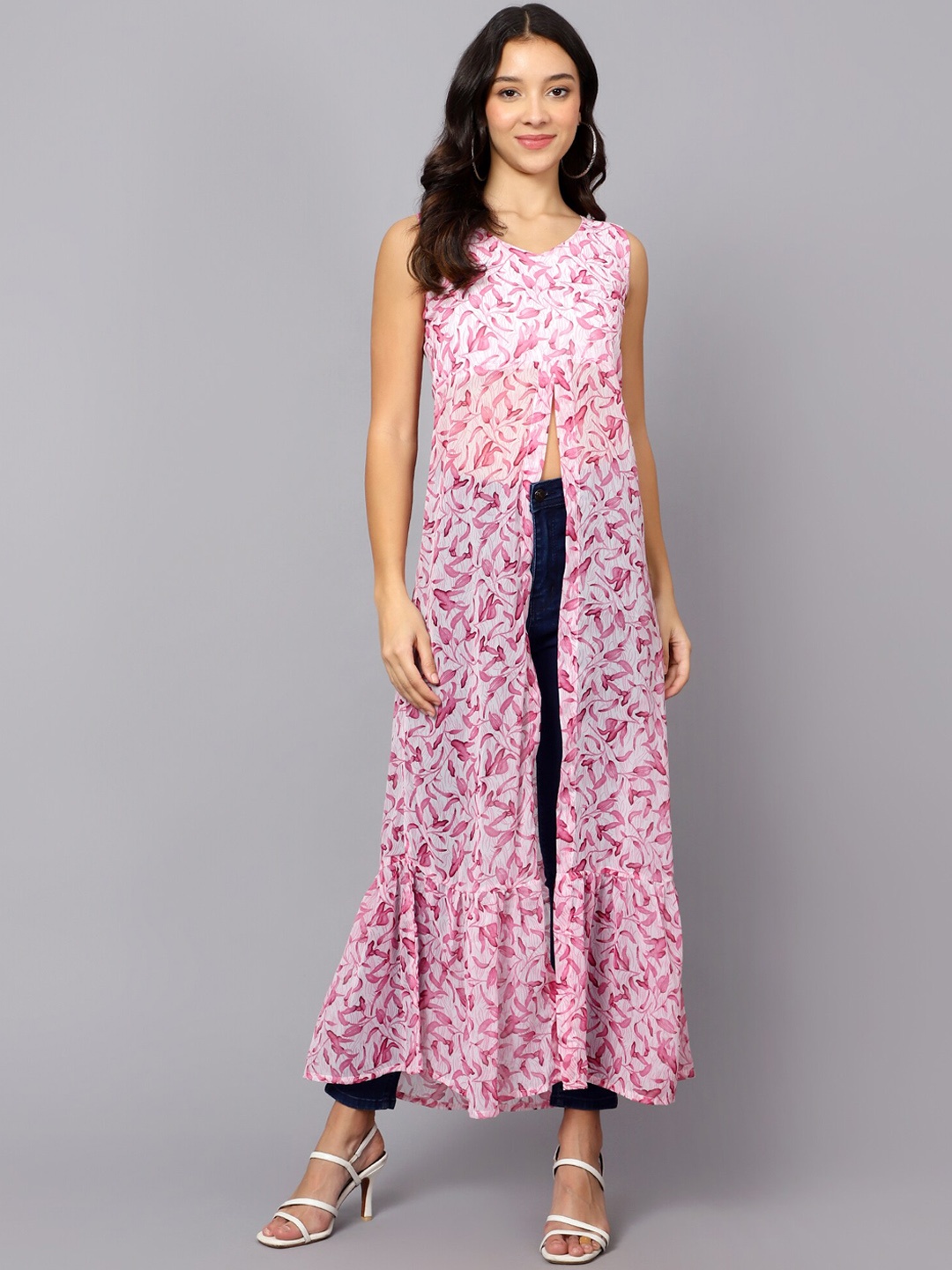 

VESICLE Floral Printed Front High Slit Georgette Kurta, Pink