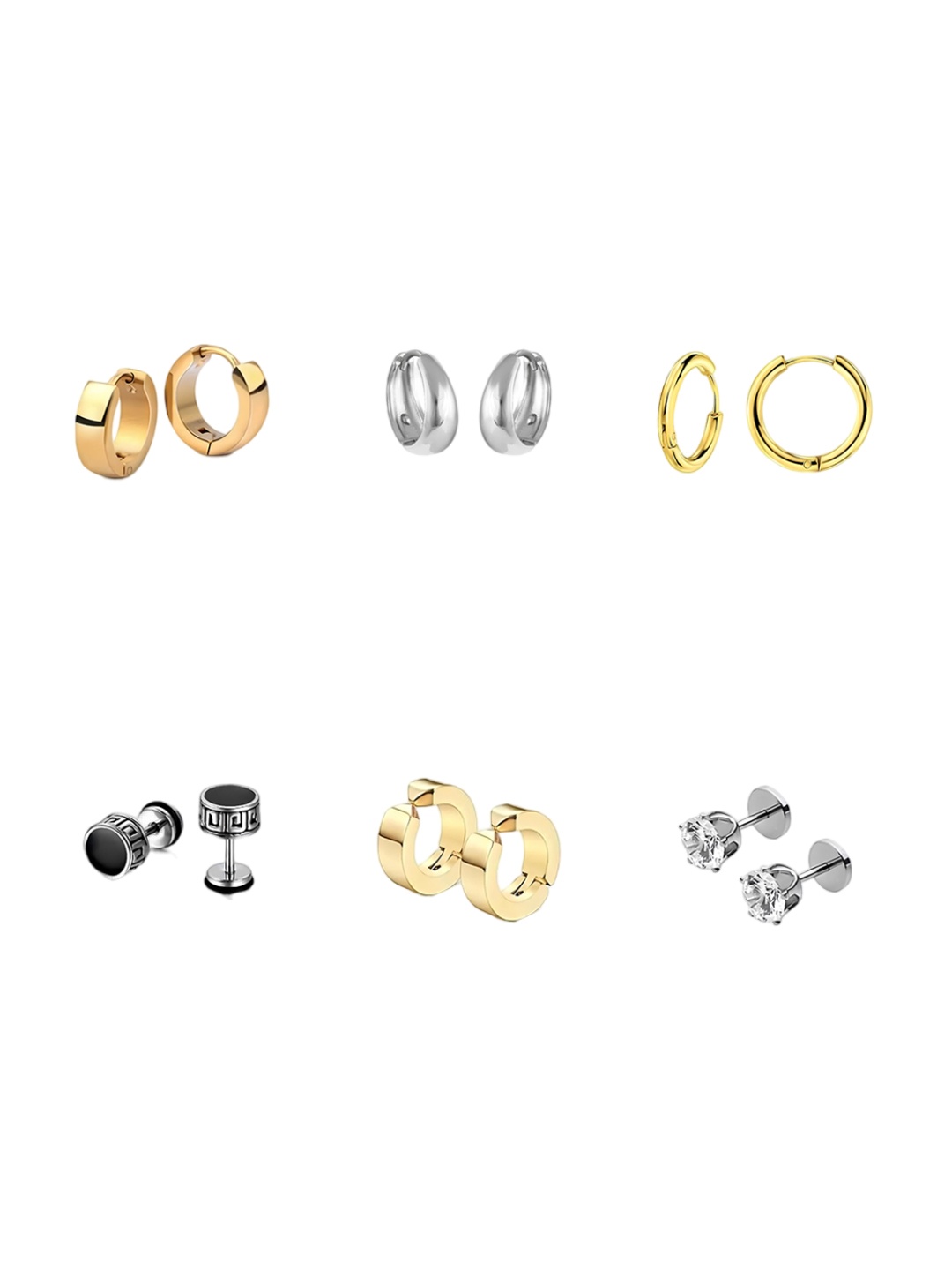 

KARISHMA KREATIONS Men Set of 6 Gold Plated Stainless Steel Hoop & Studs Earrings