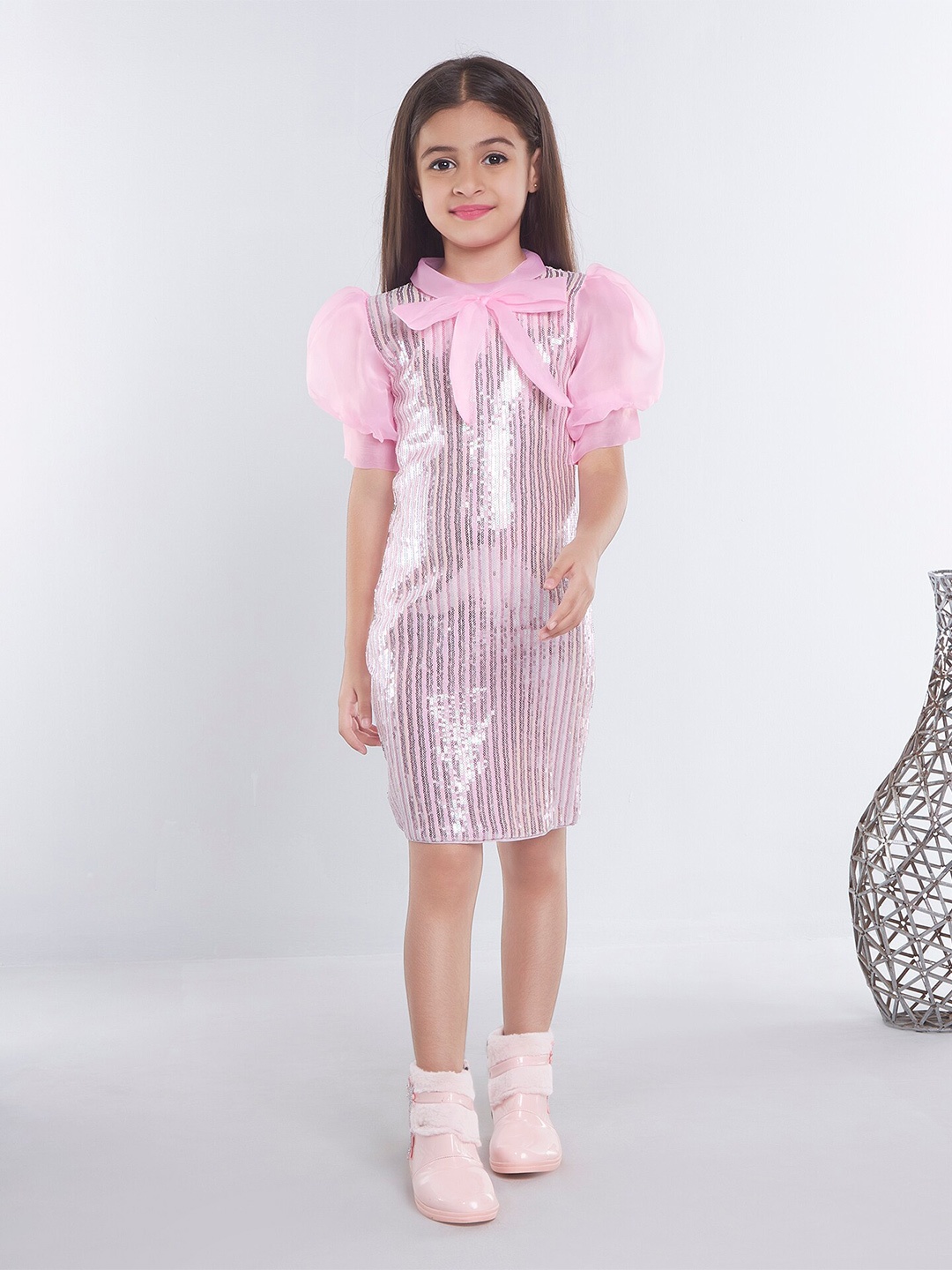 

Ministitch Girls Striped Sequined Puff Sleeves Net Sheath Dress, Pink