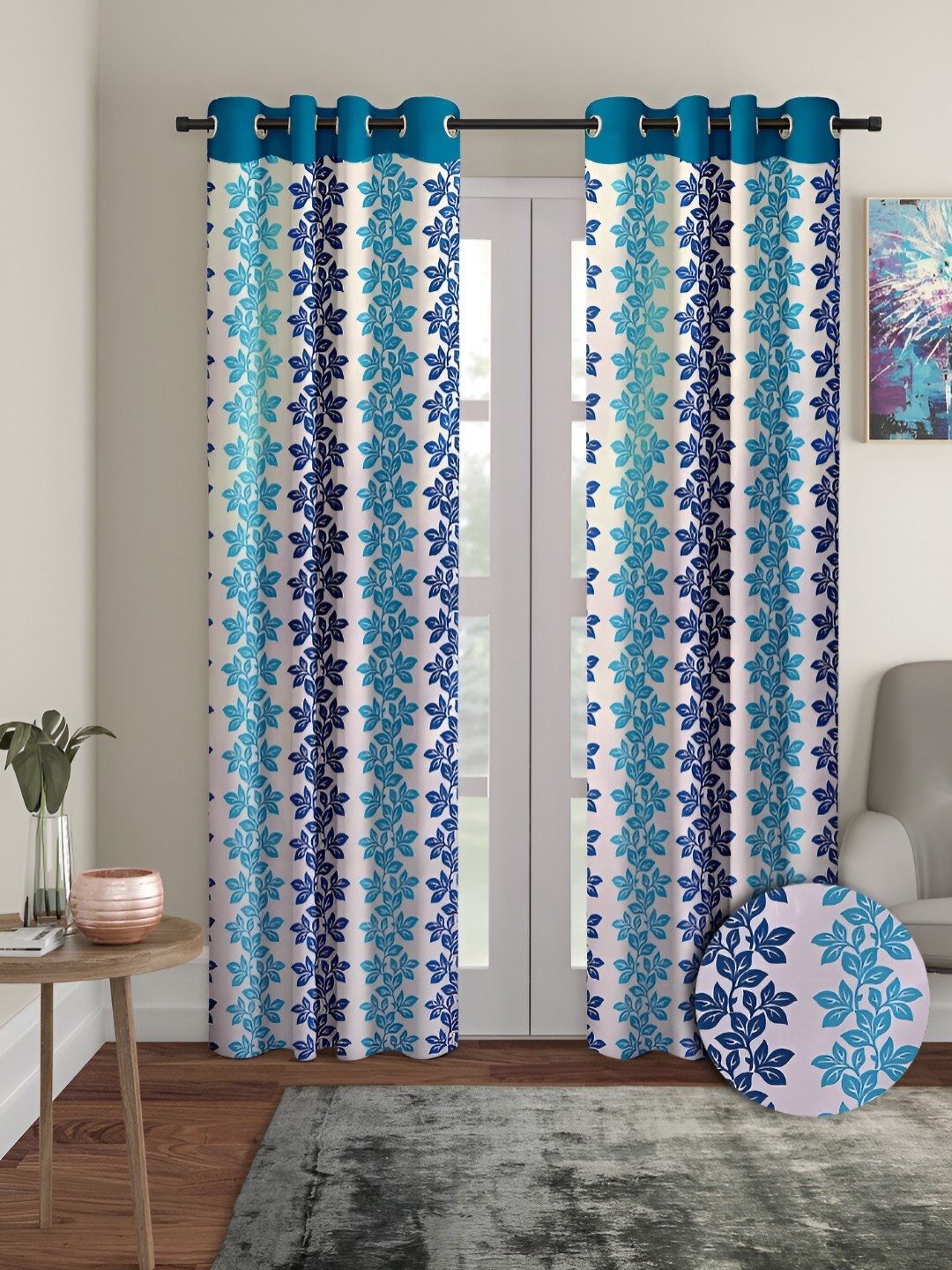 

Aura Blue & White 2 Pieces Floral Regular Long Door Curtains