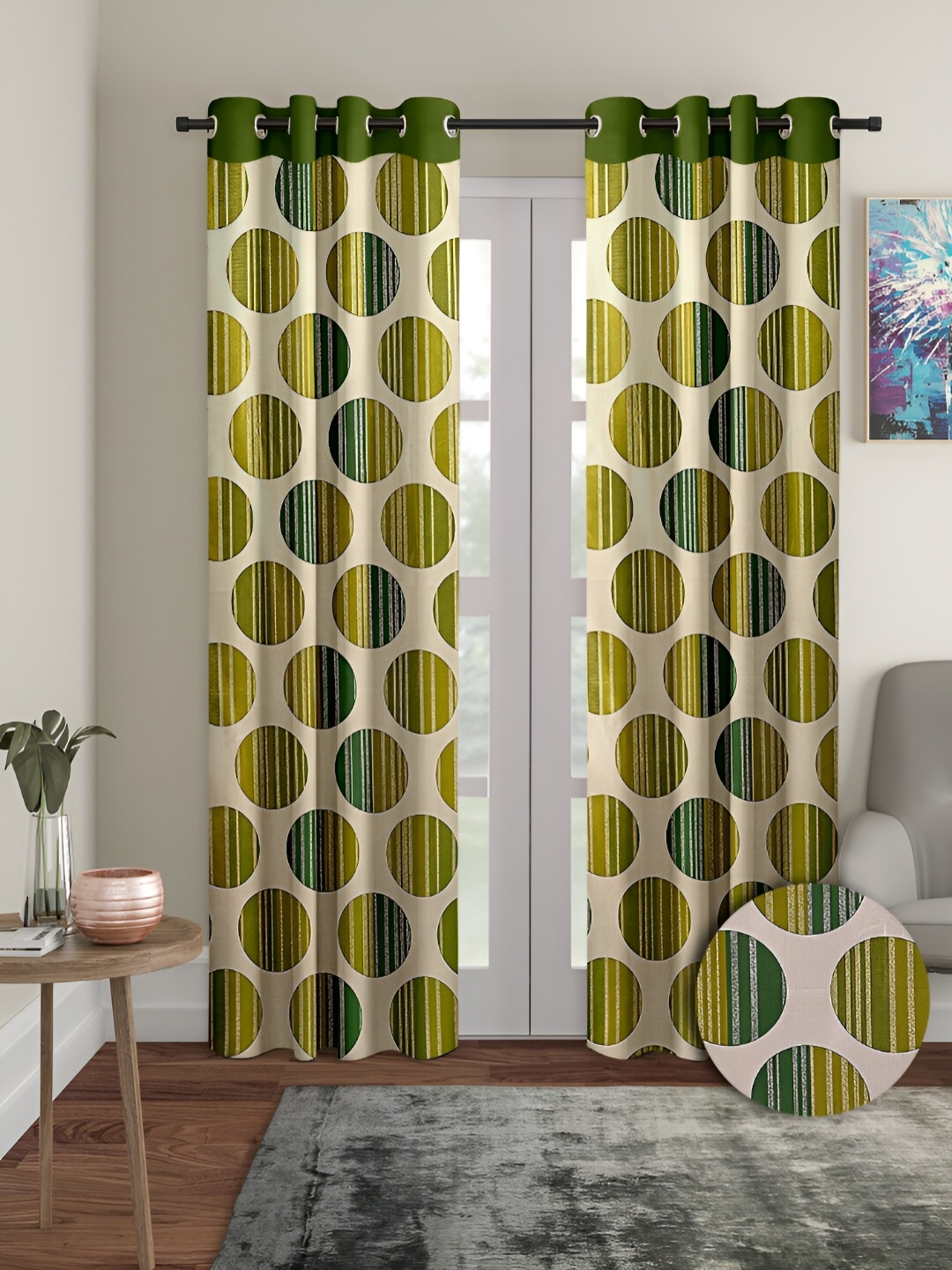 

Aura Green & Cream-Coloured 2 Pieces Geometric Printed Eyelet Door Curtains