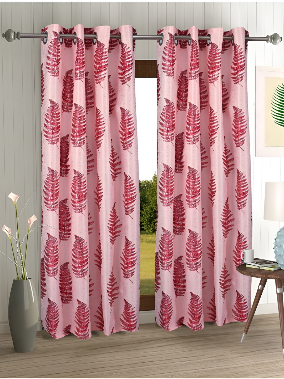 

Aura Pink 2 Pieces Floral Printed Eyelet Long Door Curtains