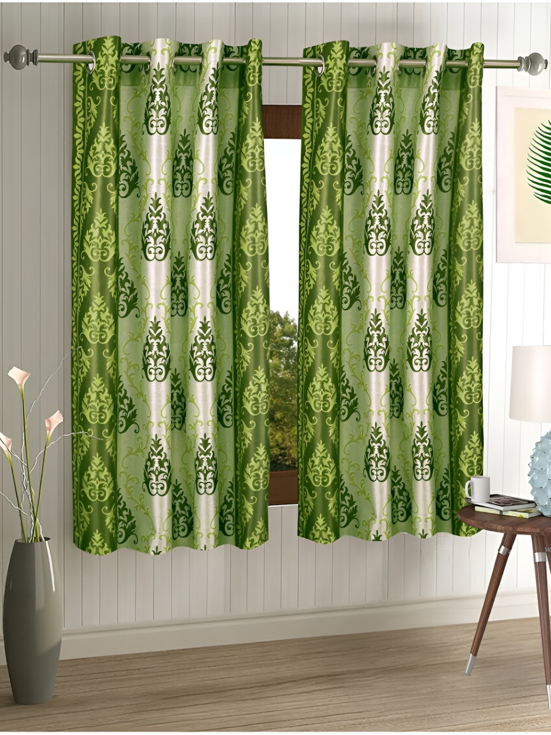 

Aura Green & Beige 2 Pieces Ethnic Motifs Printed Eyelet Window Curtains