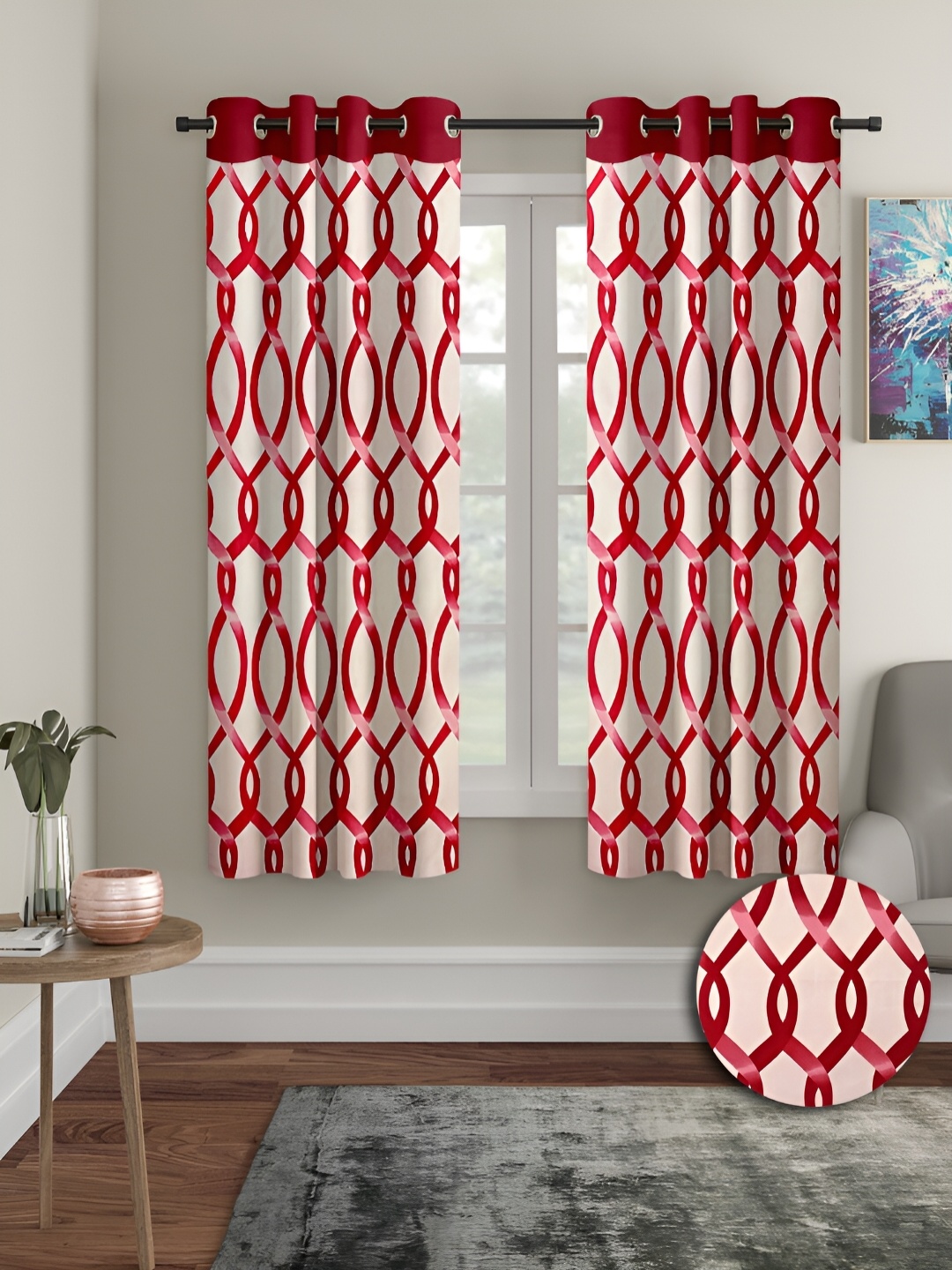 

Aura Red & Beige 2 Pieces Geometric Printed Eyelet Window Curtains