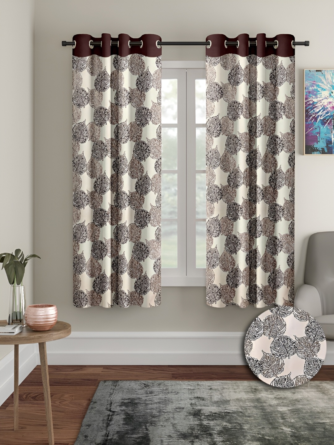 

Aura Brown & White 2 Pieces Floral Window Curtains