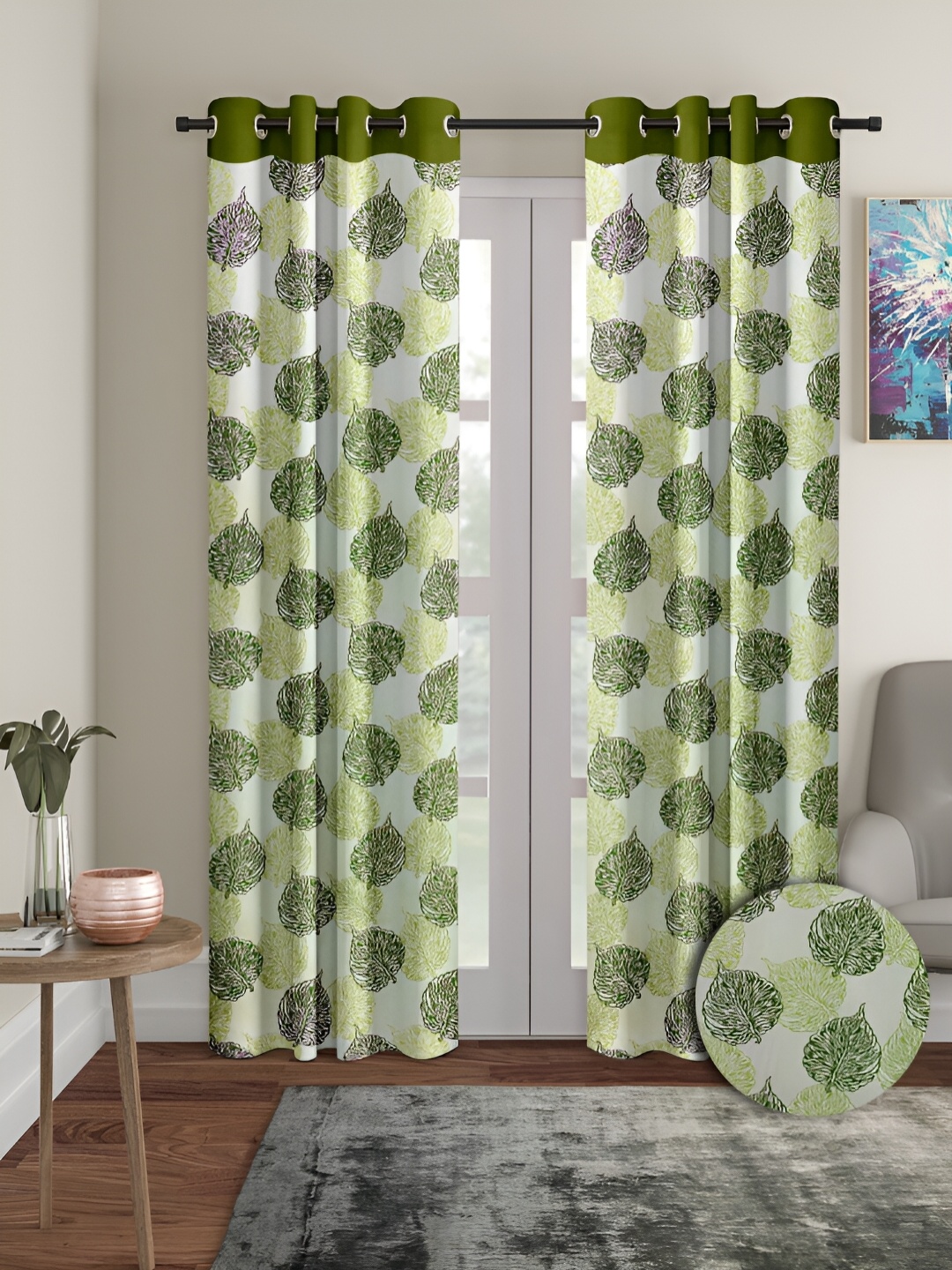 

Aura Green 2 Pieces Floral Printed Eyelet Long Door Curtains
