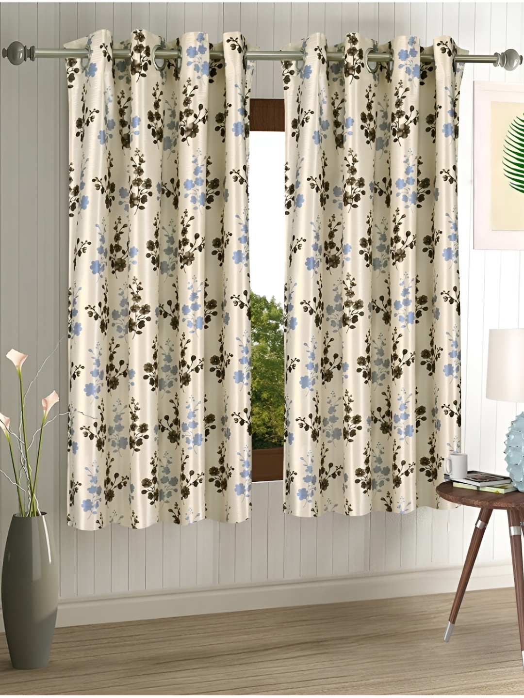 

Aura Cream & Brown 2 Pieces Floral Regular Window Curtains