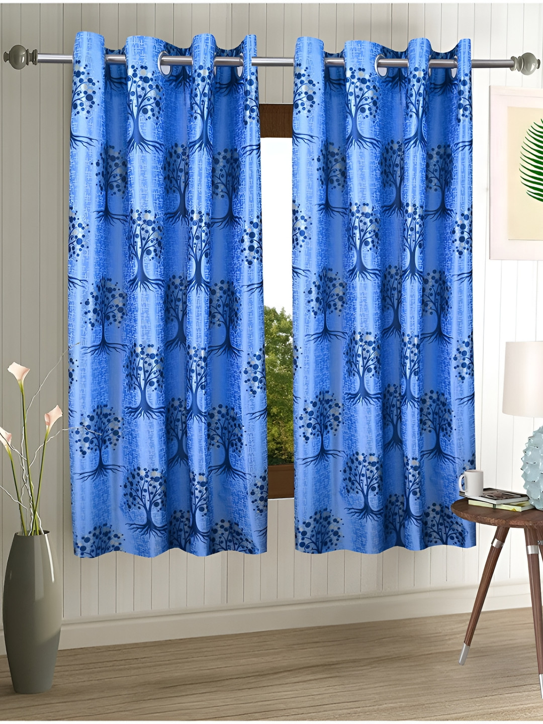 

Aura Blue 2 Pieces Floral Regular Window Curtains