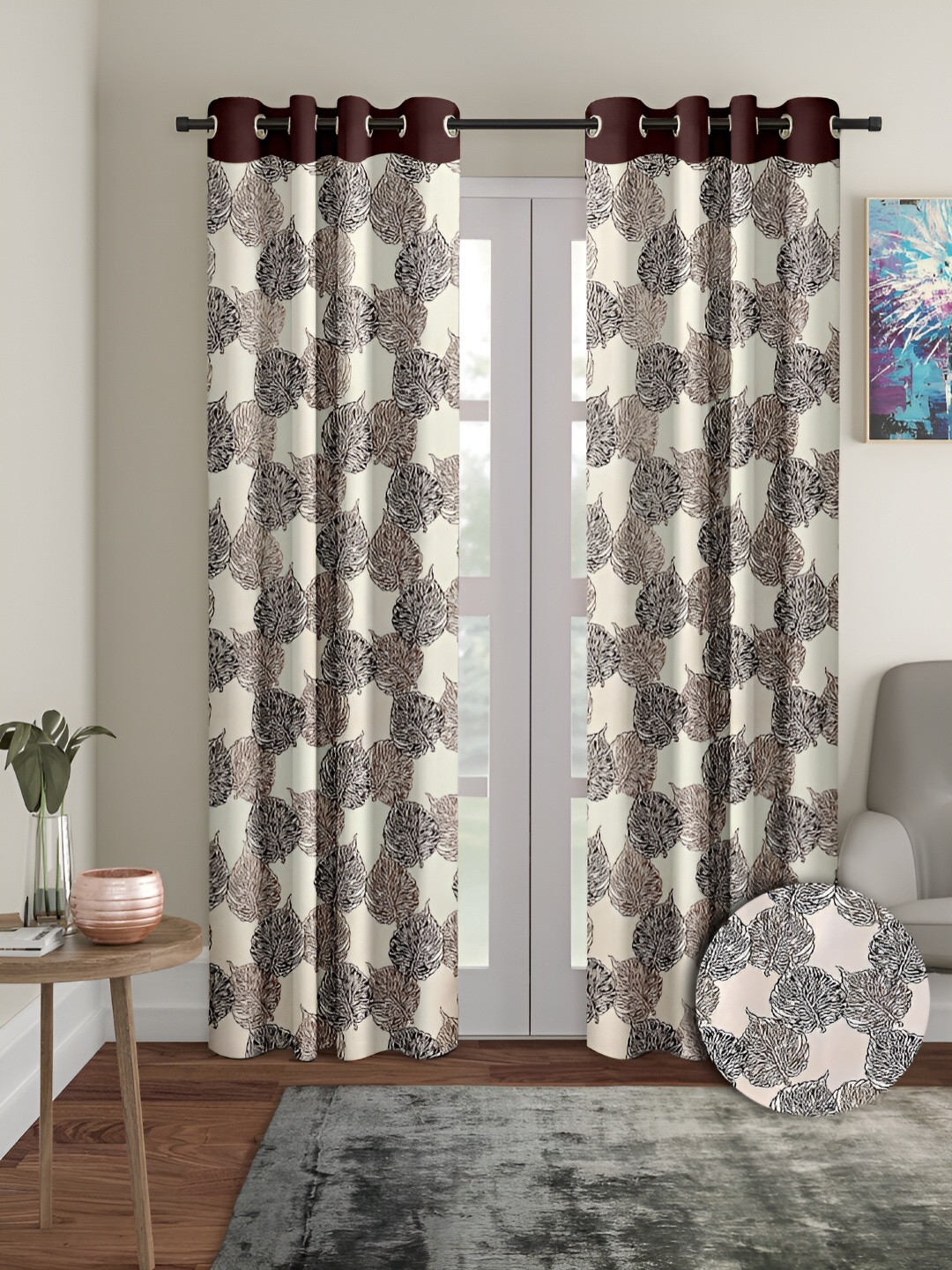 

Aura Brown & Cream-Coloured 2 Pieces Floral Printed Eyelet Long Door Curtains