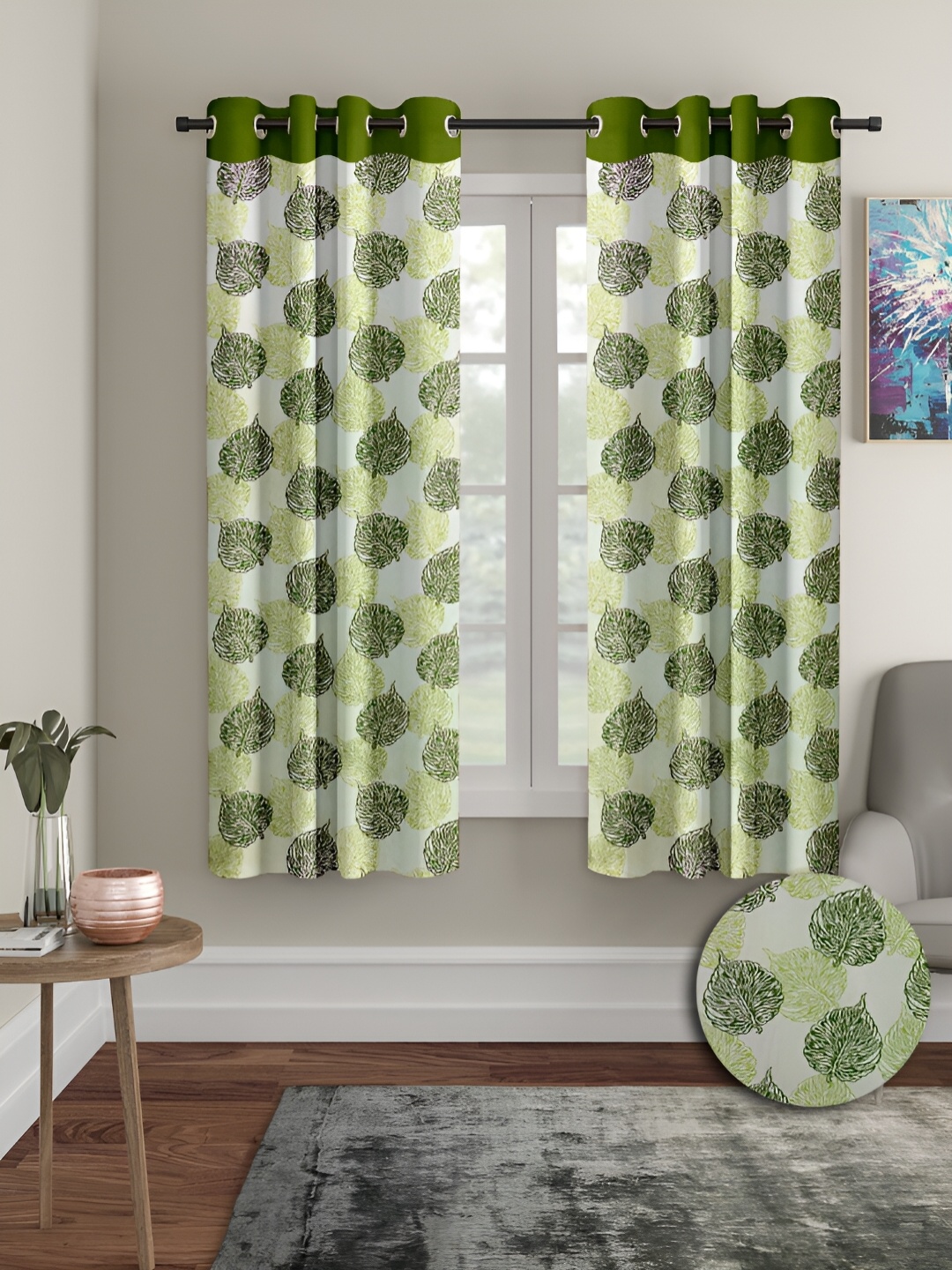 

Aura Green 2 Pieces Floral Printed Eyelet Window Curtains