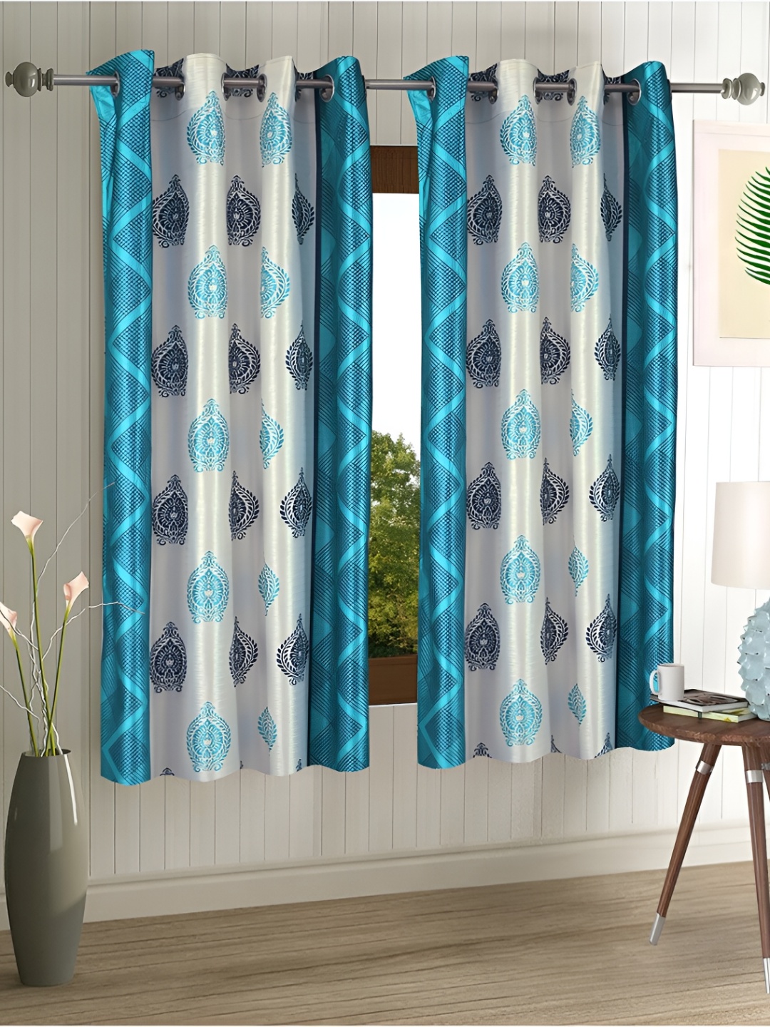 

Aura Blue & Beige 2 Pieces Ethnic Motifs Printed Eyelet Window Curtains