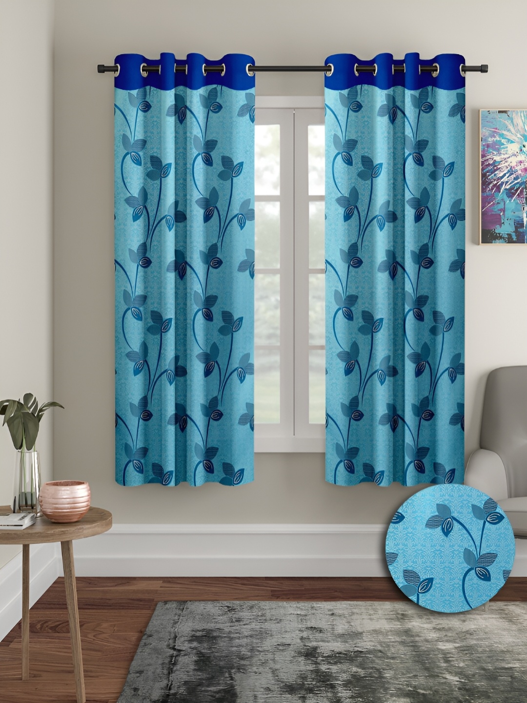 

Aura Blue 2 Pieces Floral Regular Window Curtains