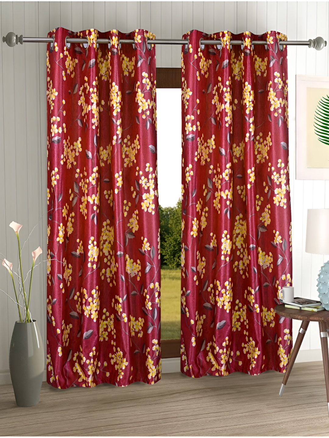 

Aura Red & Yellow 2 Pieces Floral Printed Eyelet Door Curtain