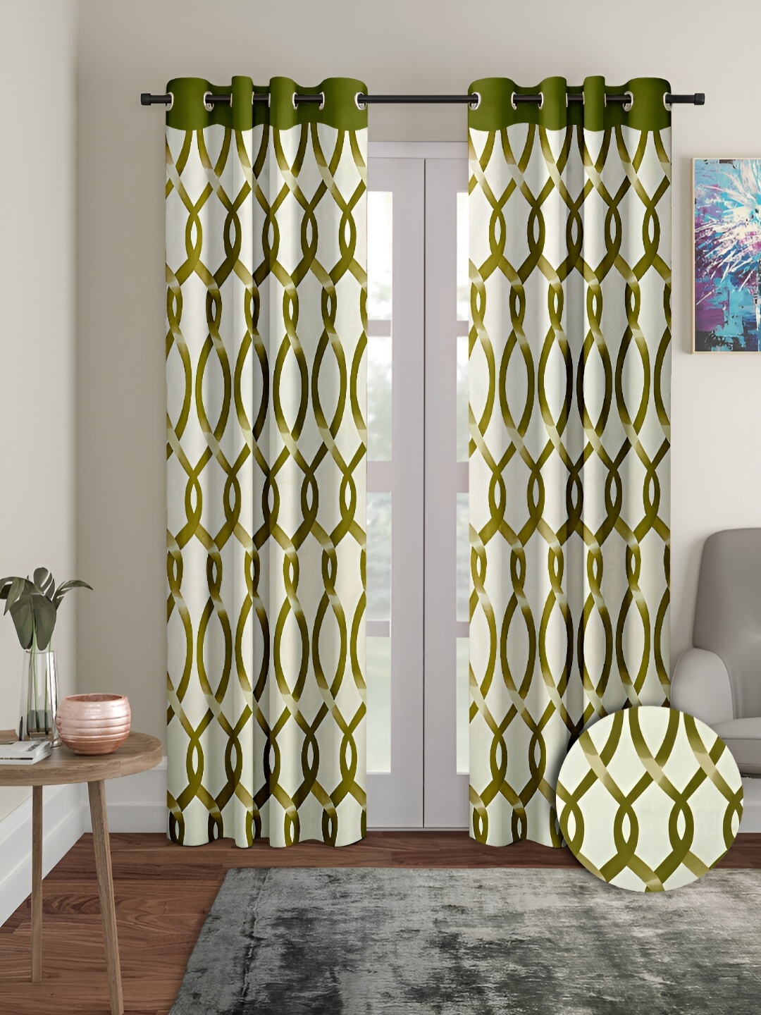 

Aura Green & Beige 2 Pieces Geometric Printed Eyelet Door Curtains