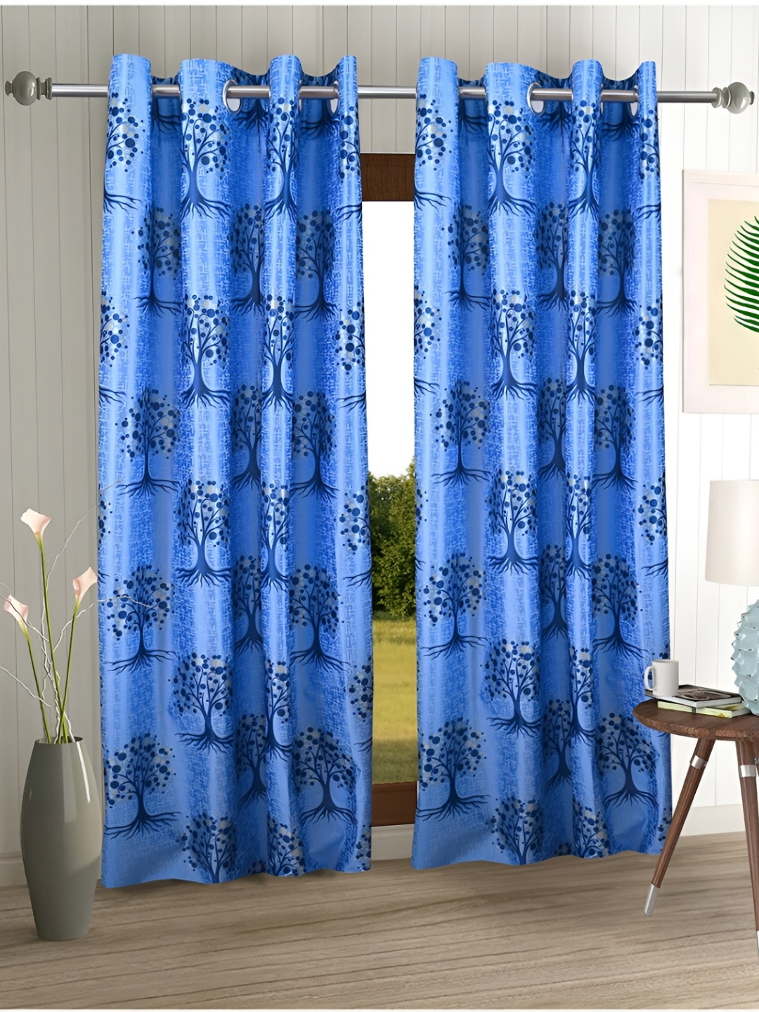 

Aura Blue 2 Pieces Floral Printed Eyelet Door Curtains