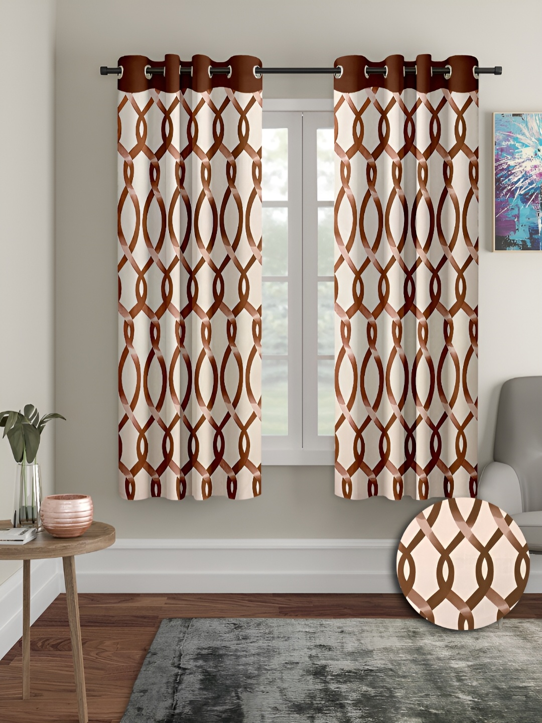 

Aura Brown & Beige 2 Pieces Geometric Printed Eyelet Window Curtains