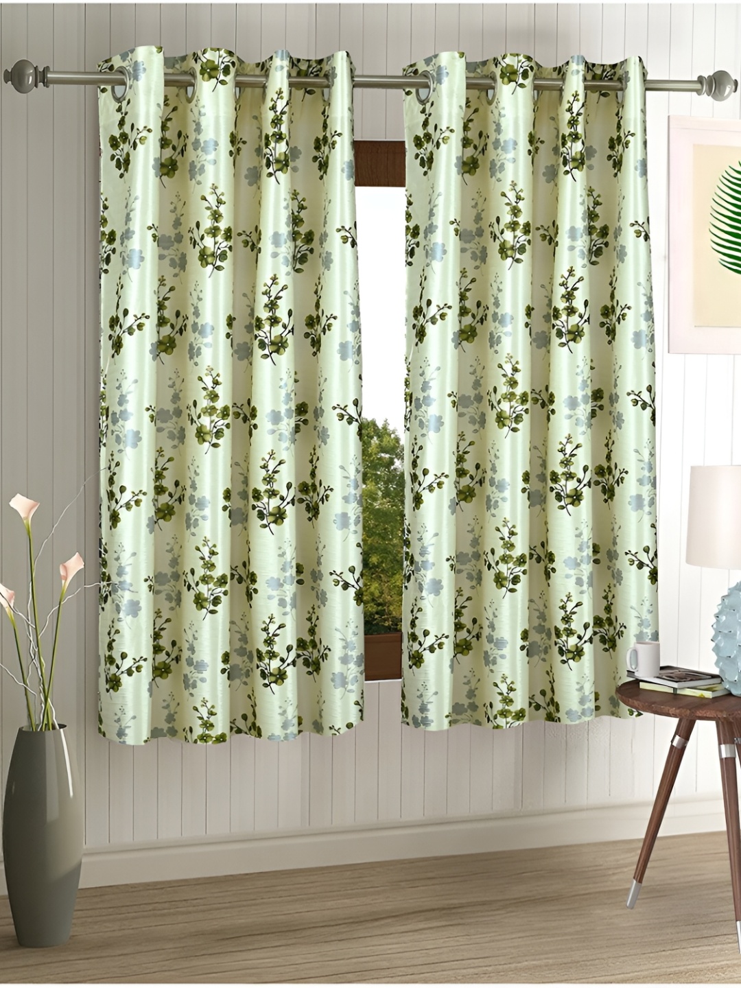 

Aura Cream Coloured & Green 2 Pieces Floral Window Curtains