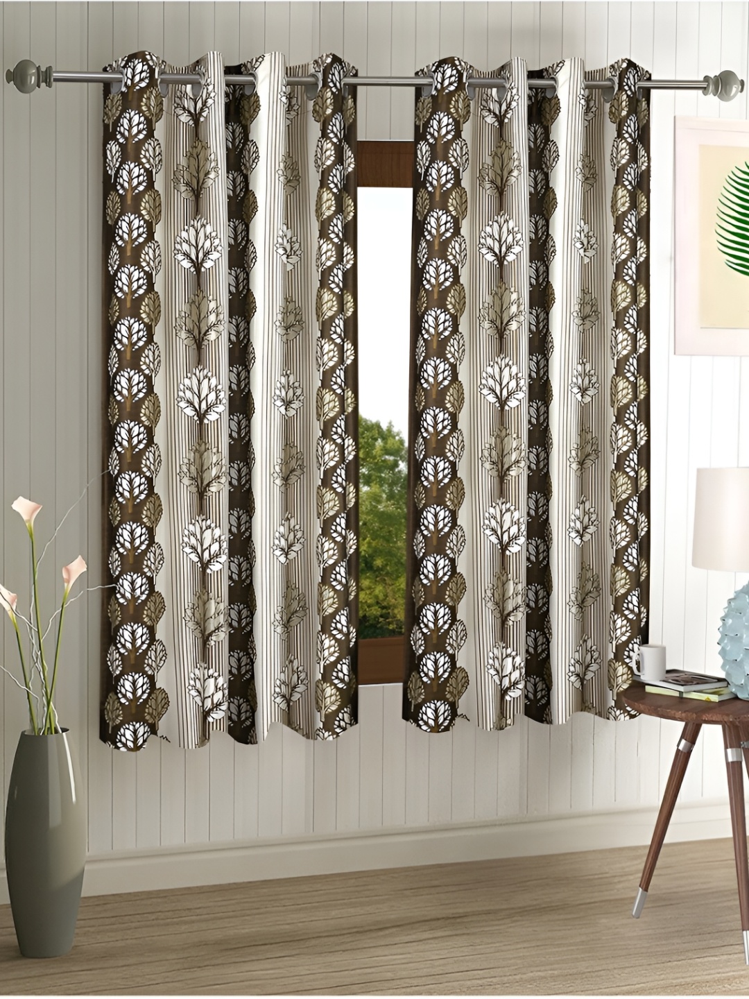 

Aura Brown & Beige 2 Pieces Floral Window Curtains