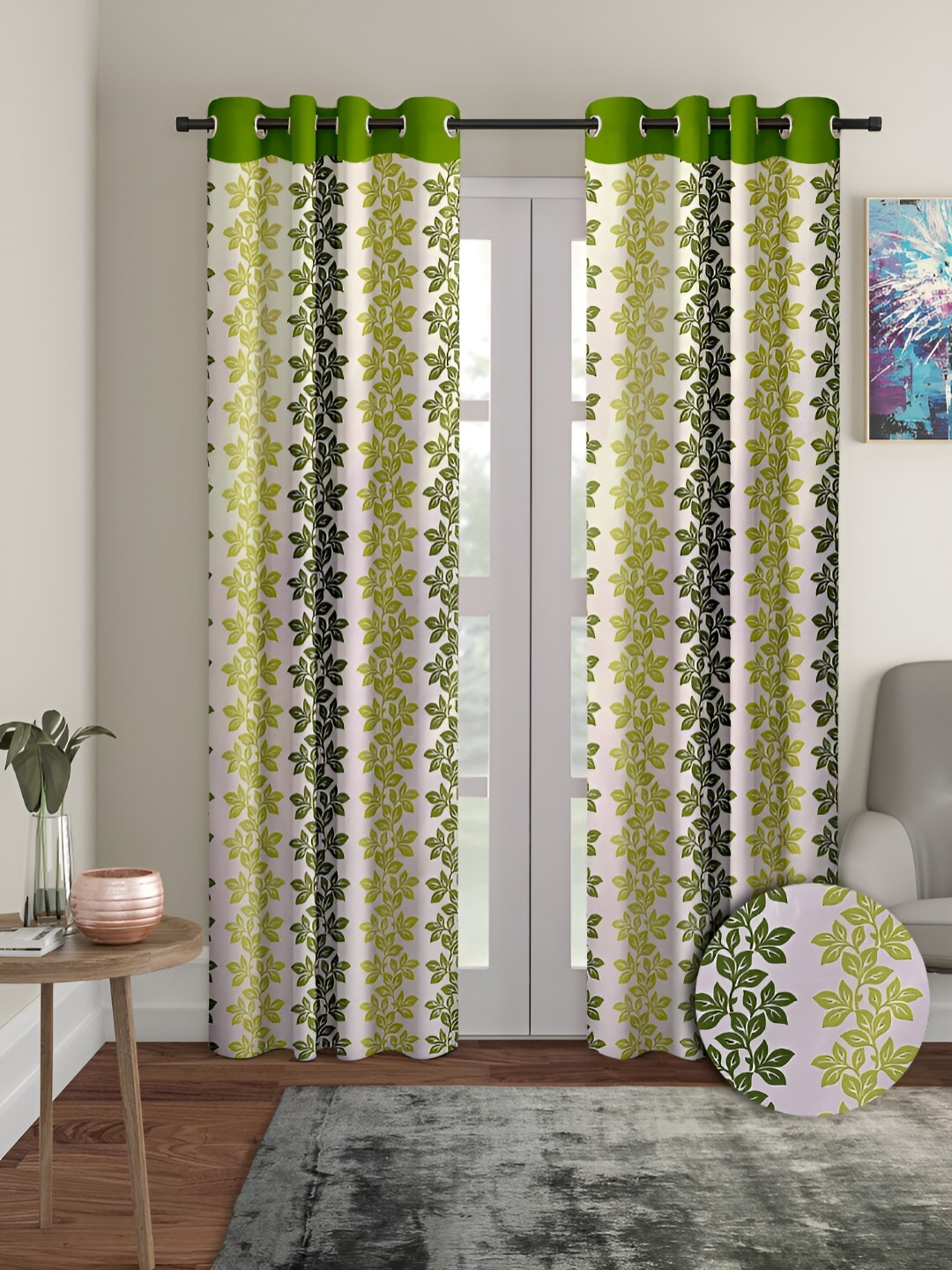 

Aura Green & Beige 2 Pieces Floral Long Door Curtains