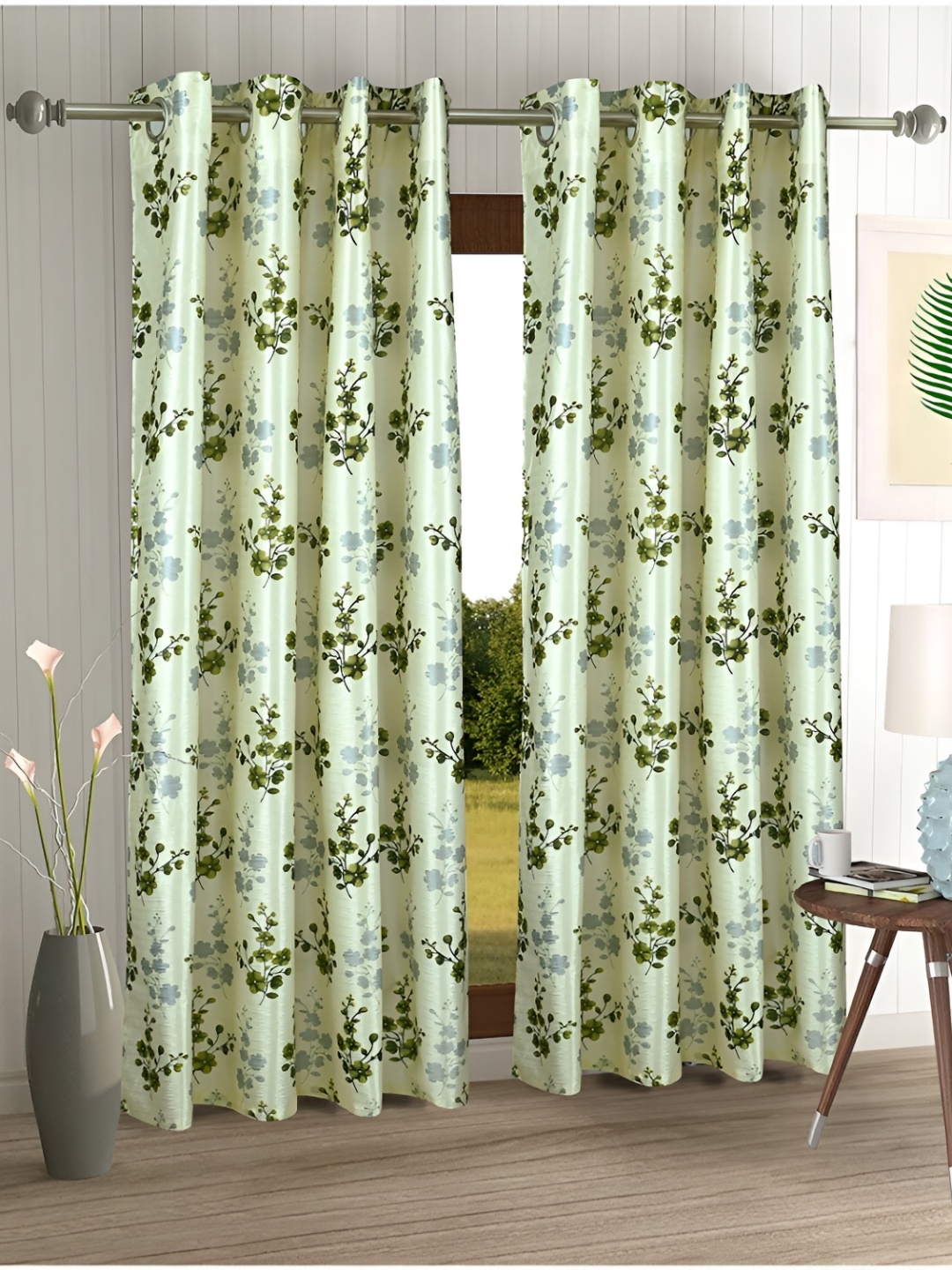 

Aura Cream-Coloured & Green 2Pcs Floral Eyelet Long Door Curtains