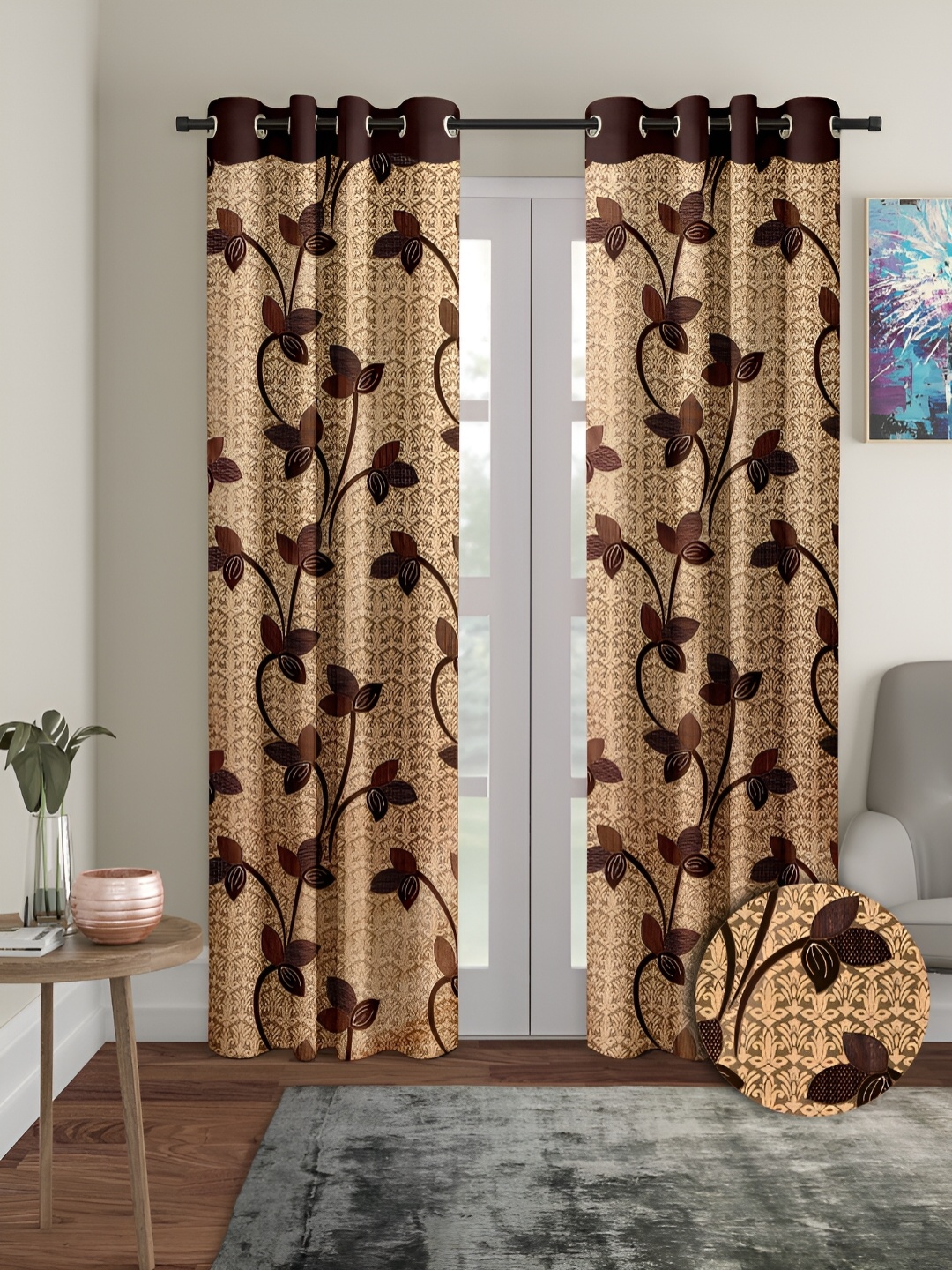 

Aura Brown 2 Pieces Floral Printed Eyelet Long Door Curtains